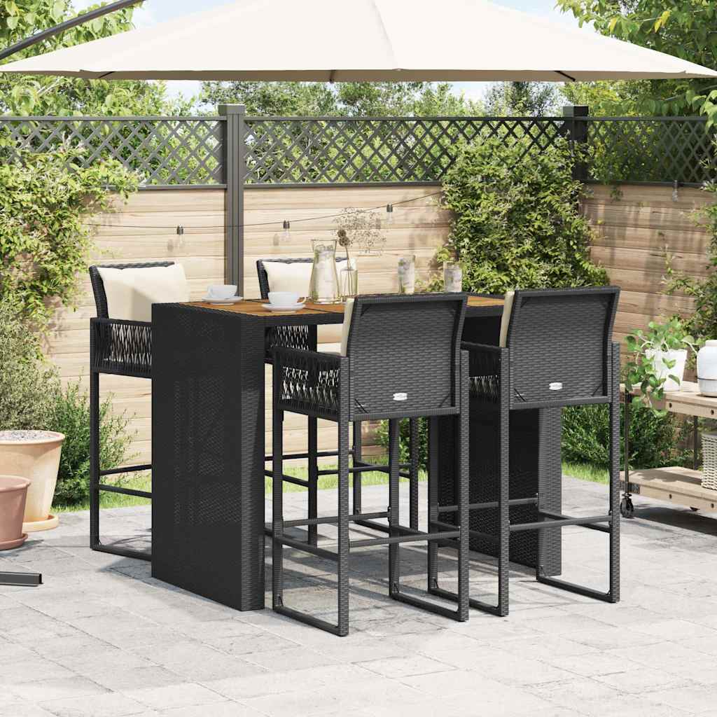 Set Bar Jardín Con Cojines 5 Pzas Ratán Sintético Acacia Negro / Vetonek_2