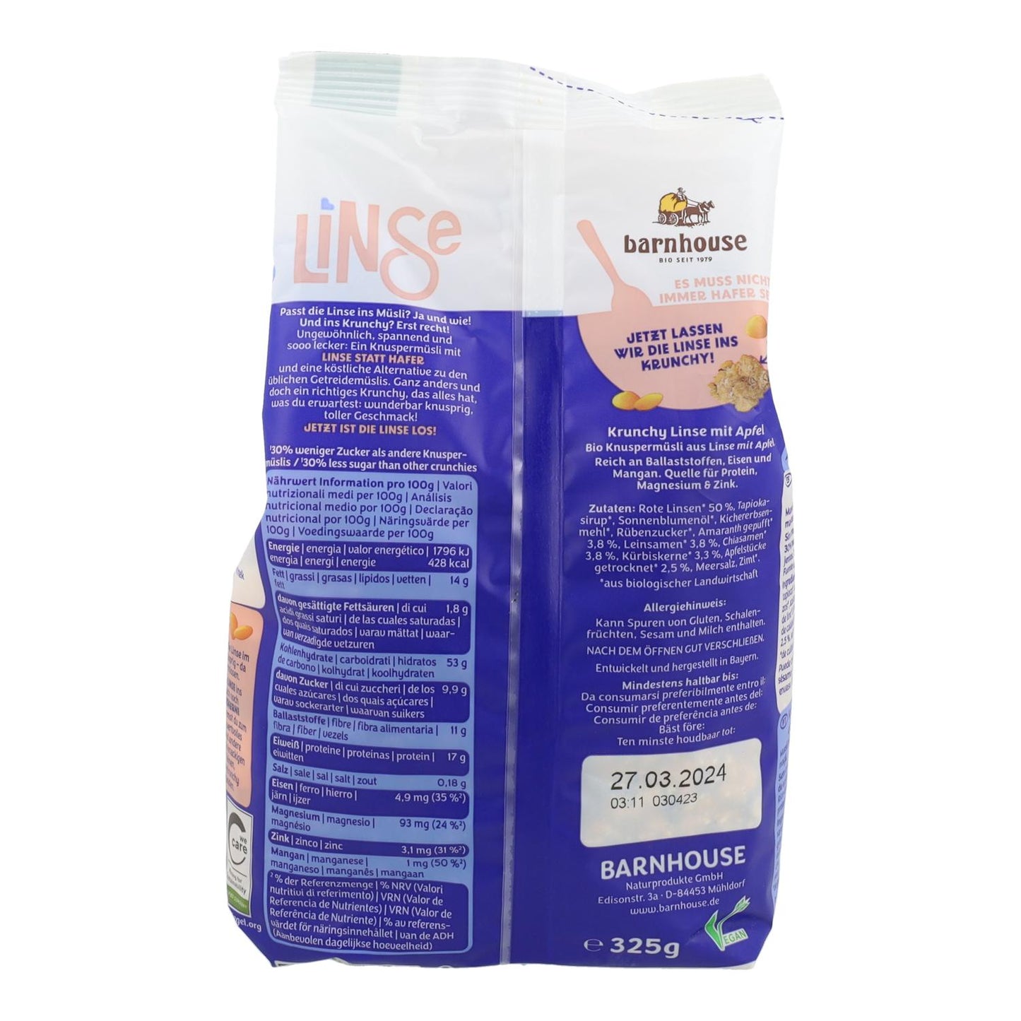 Muesli Proteína Crocante com Lentilhas e Maçã Biológica Barnhouse 325 gr