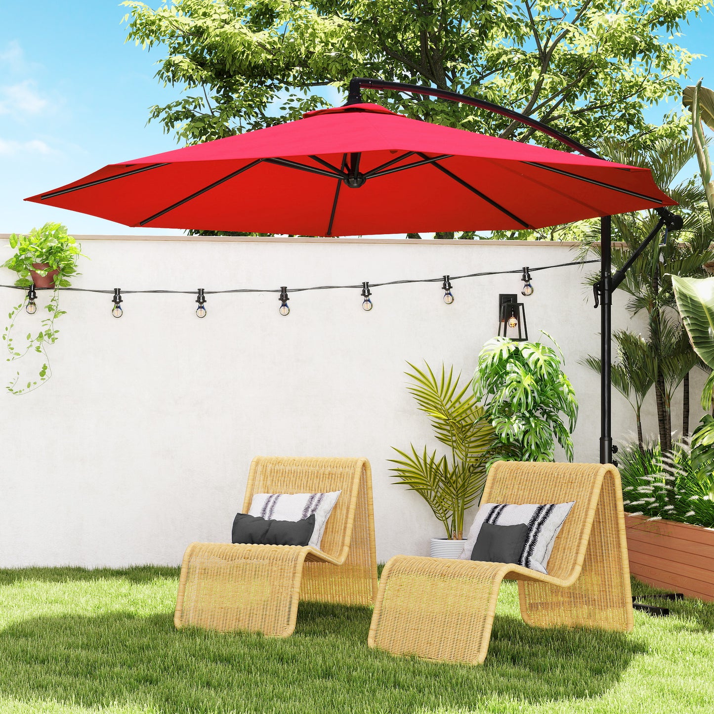Outsunny Parasol Excéntrico Ø295 Cm Con Ángulo Ajustable Base Cruzada Granate_1