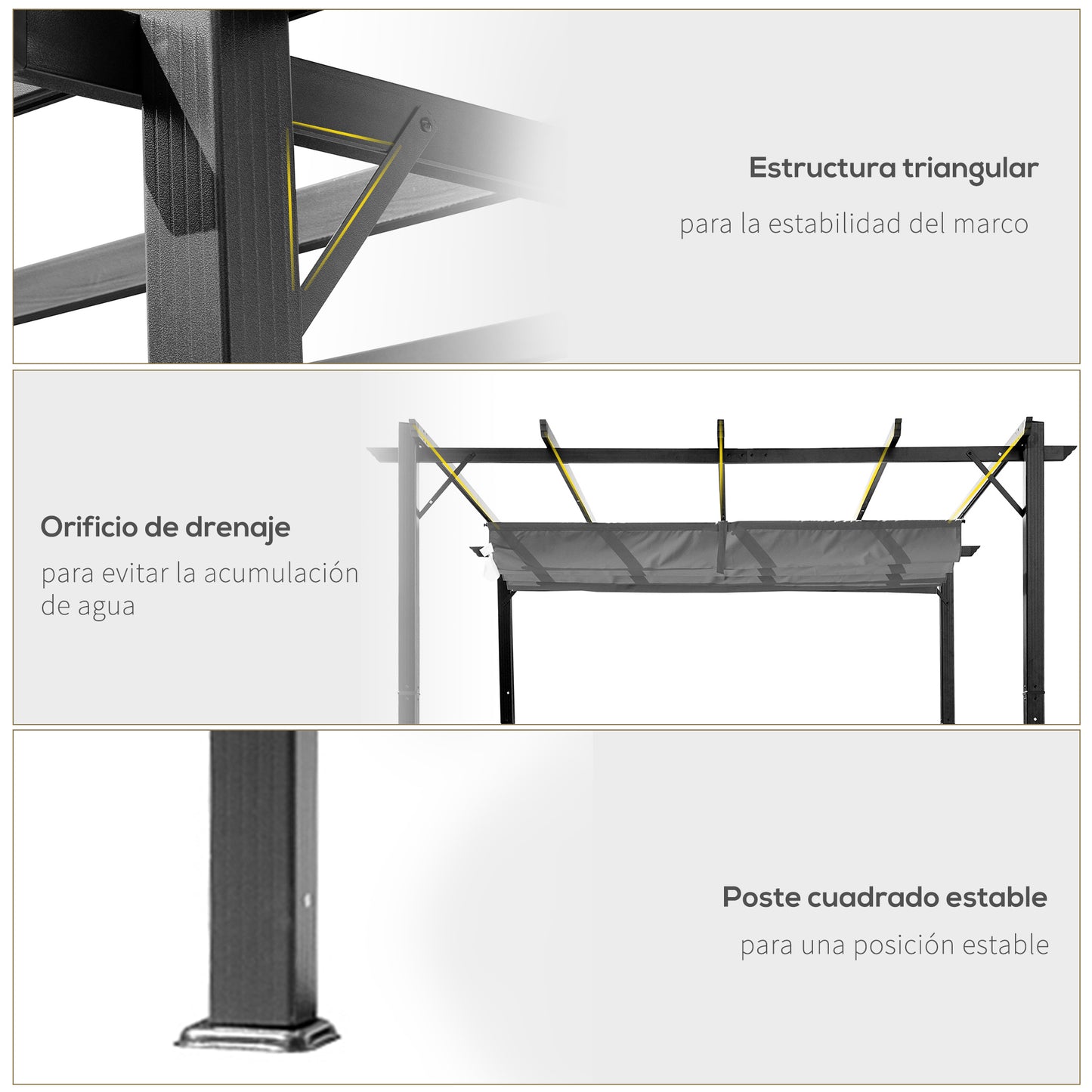 Outsunny Pérgola De Aluminio 3x3 M Con Techo Retráctil Resistente Al Agua Gris_5