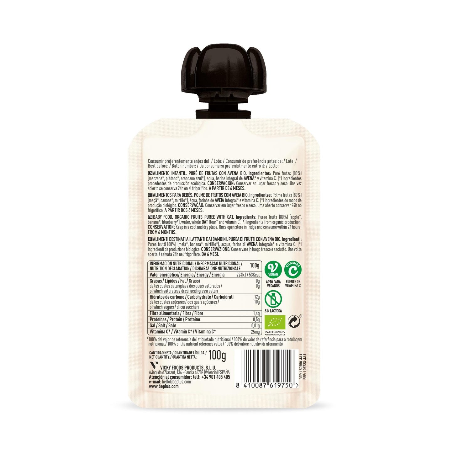 Saquetas de maçã, banana, mirtilos e aveia BIO Be Plus 100 g