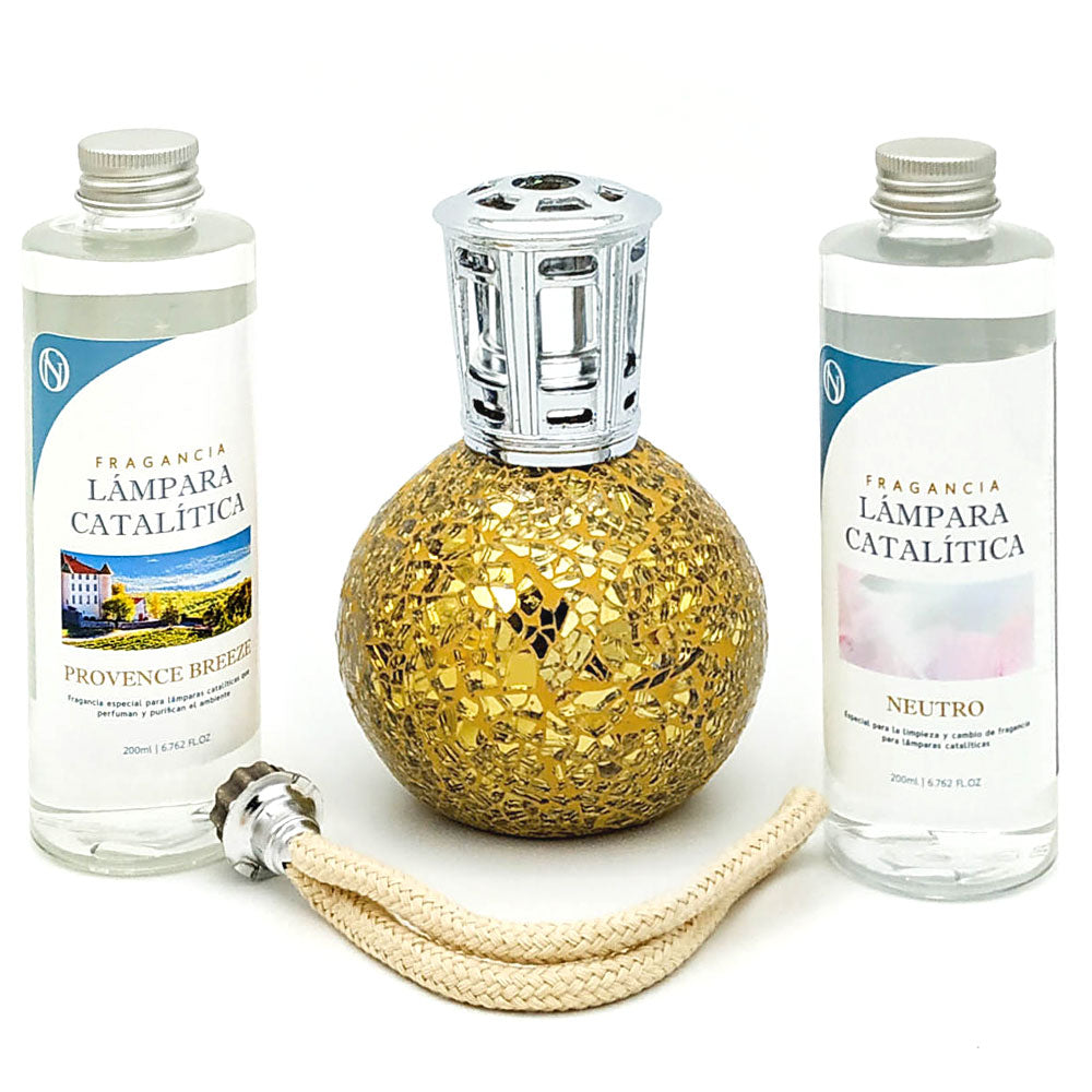 Pack Ahorro Lámpara Catalítica Mosaico Dorado + Aroma Provence Breeze 500ml + Limpiador Neutro 200ml + Mecha Repuesto_0