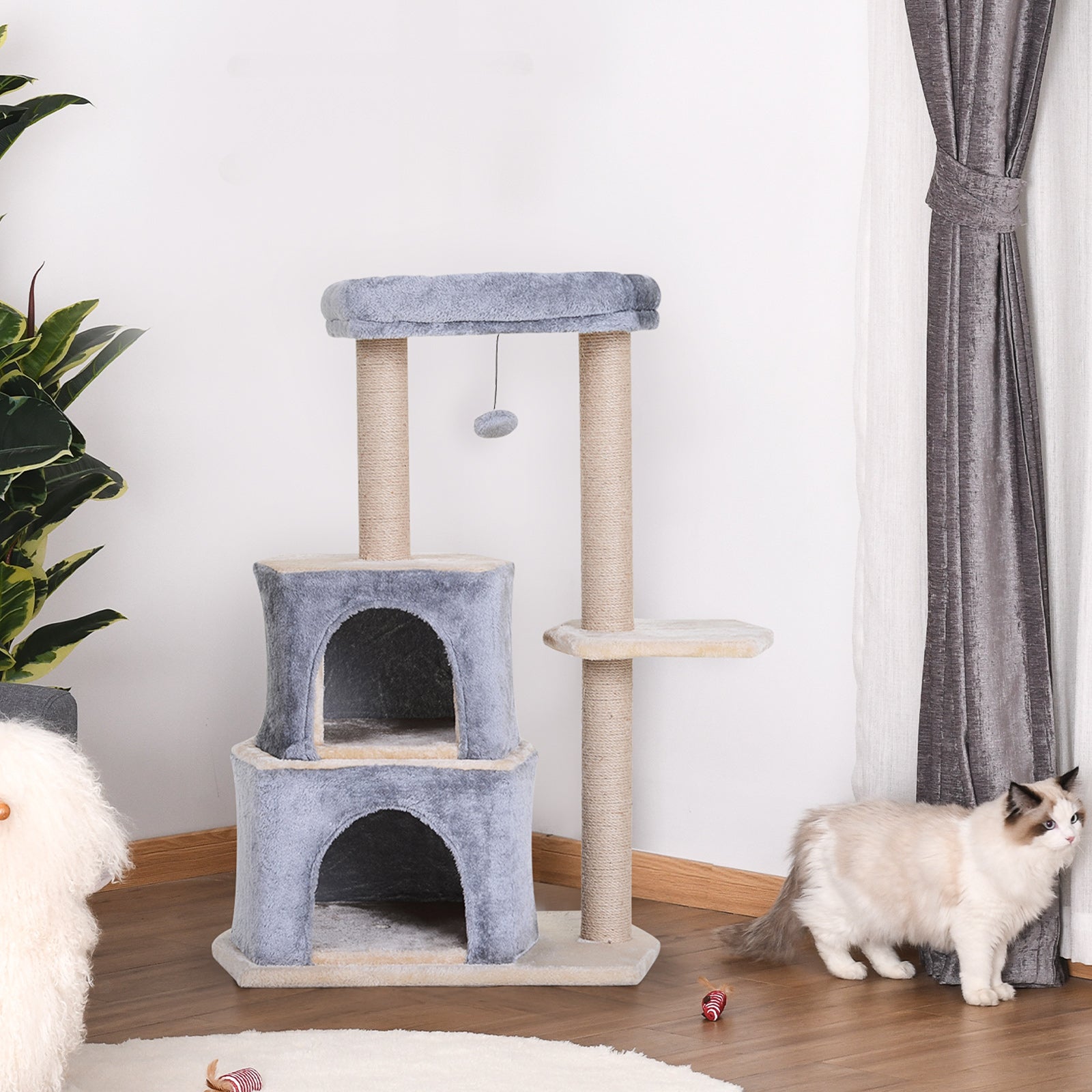 Pawhut Árbol Rascador Para Gatos De 92 Cm Con 2 Cuevas Bola Colgantes Gris_1