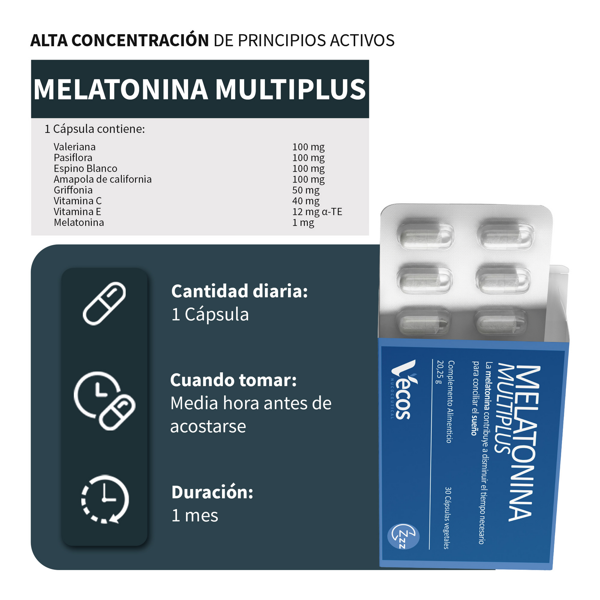 Melatonina Multiplus Vecos 30 Cápsulas | Conciliar El Sueño Y Descanso Profundo | Con Valeriana, Pasiflora Y Melatonina_2