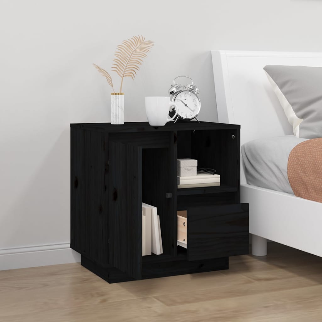 Mesita De Noche Madera Maciza De Pino Negro 50x34x50 Cm_1