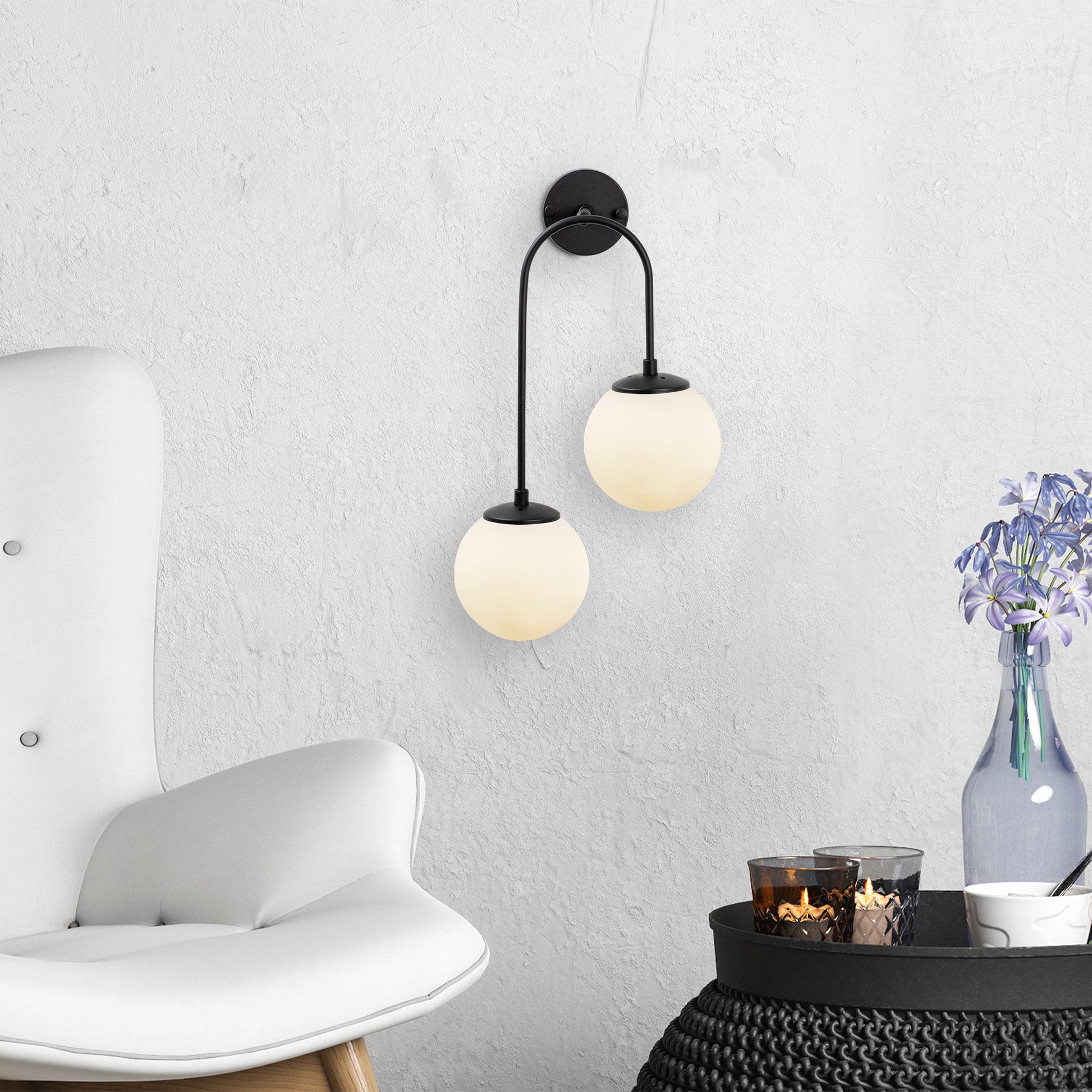 Aplique De Pared Pantalla Blanca, Metal , Negro, 30x24x55, Casquillo 2 X E14 Max 15 W_5