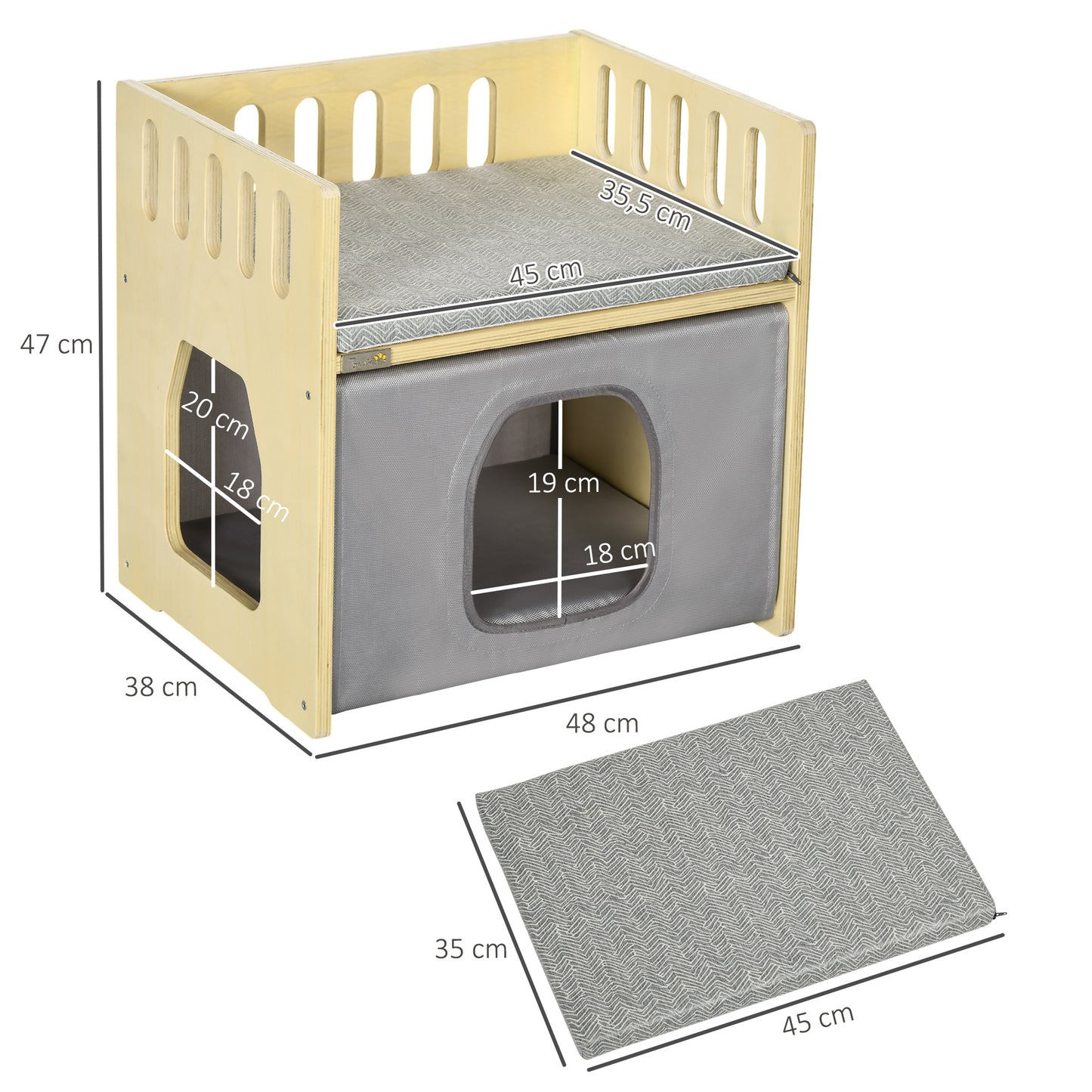 Pawhut Cama Para Gatos Madera Con 2 Cojines Cubierta De Tela Oxford 48x38x47 Cm_2
