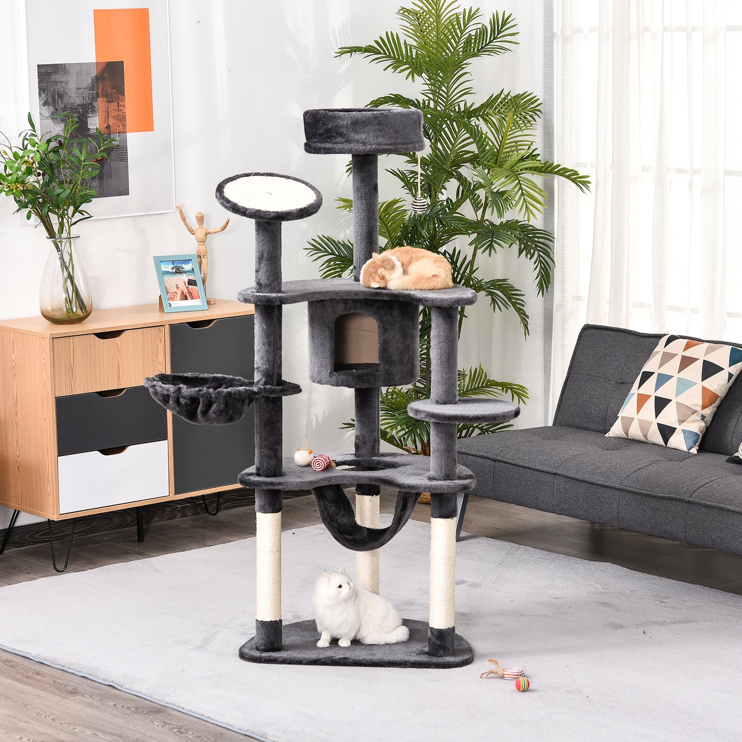 Pawhut Árbol Rascador Para Gatos Grande 65x50x155cm Centro De Actividades Postes_1