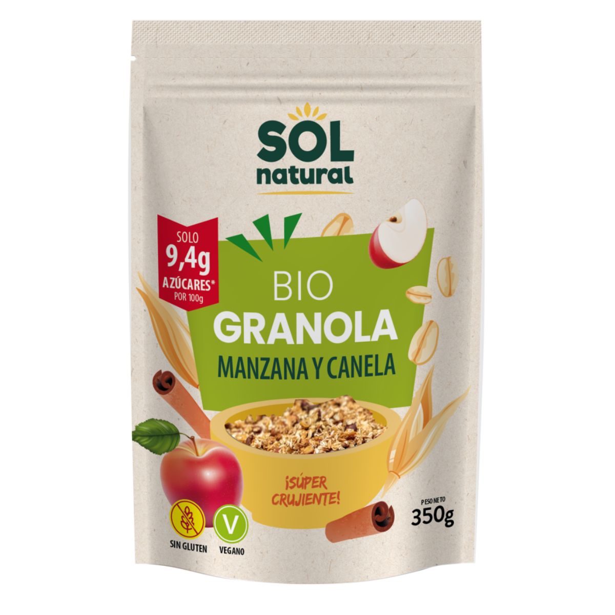 Granola de Avena Sin Gluten Manzana-Canela Bio, Sol Natural, 350 g