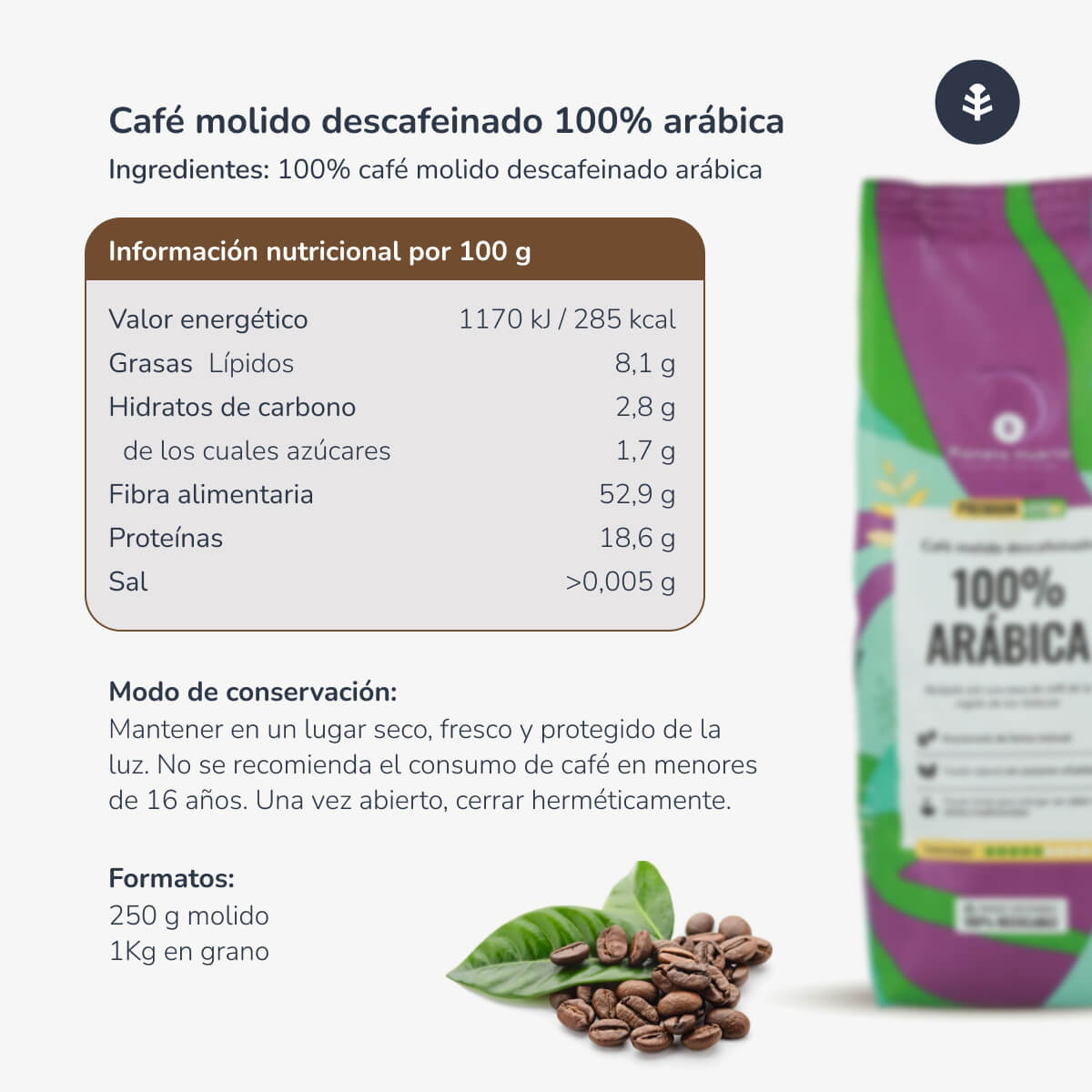Café moído descafeinado Eco 100% Arábica Planeta Huerto 250 g