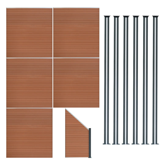 Vallas Para Exteriores De Wpc Y Aluminio - 5x Paneles Cuadrados + 1x Oblicuo + 6x Postes Con Led | Marrón_0