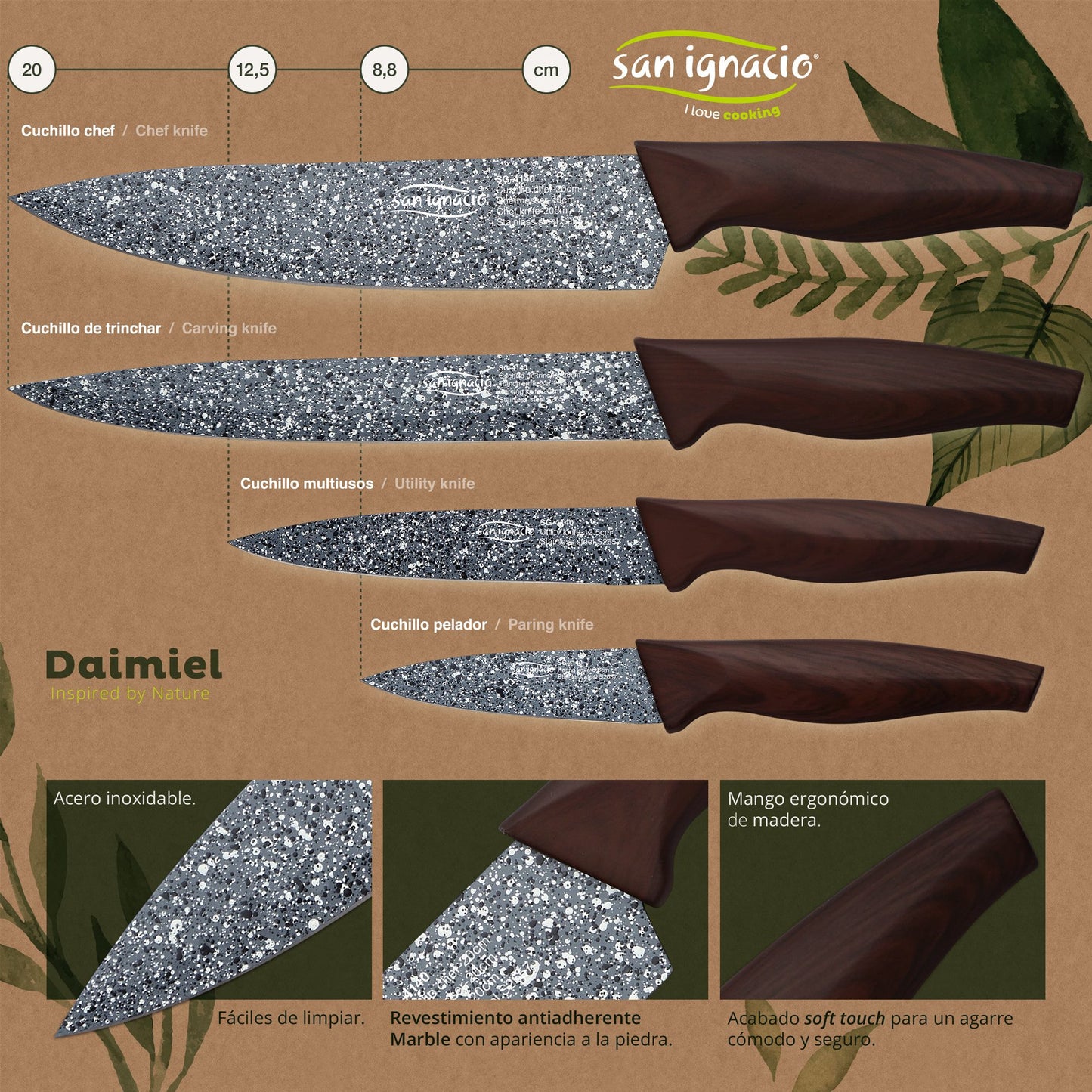 Set 3pc Sarten (16+20+24cm) Aluminio Prensado, Inducción, Azul Navy Paradise Con Set 4pc Cuchillos Acero Inoxidable