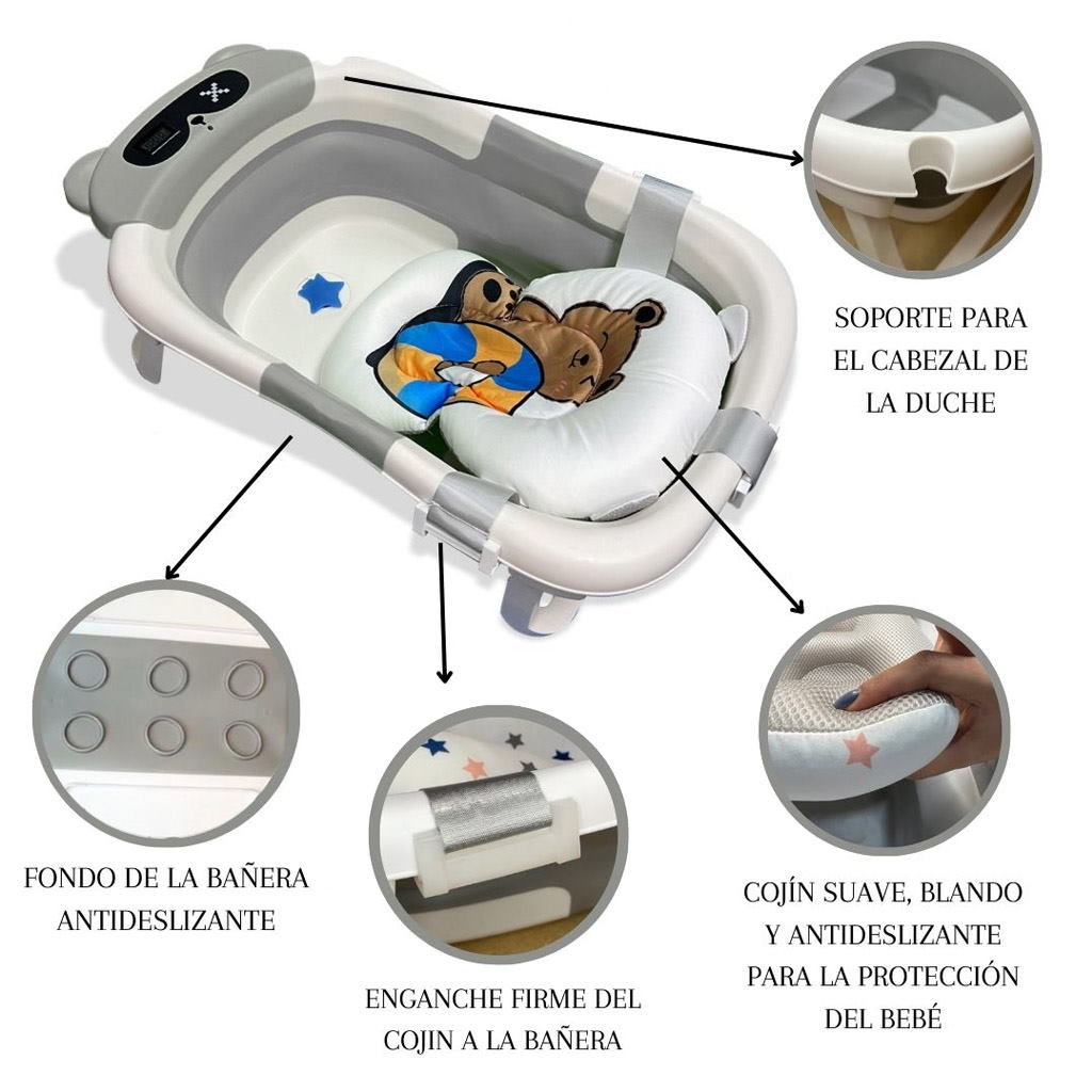 Bathby Bañera Plegable Para Bebés Recién Nacidos, Cojín Oso, Termómetro, Patas Antideslizantes (gris Oso)_4