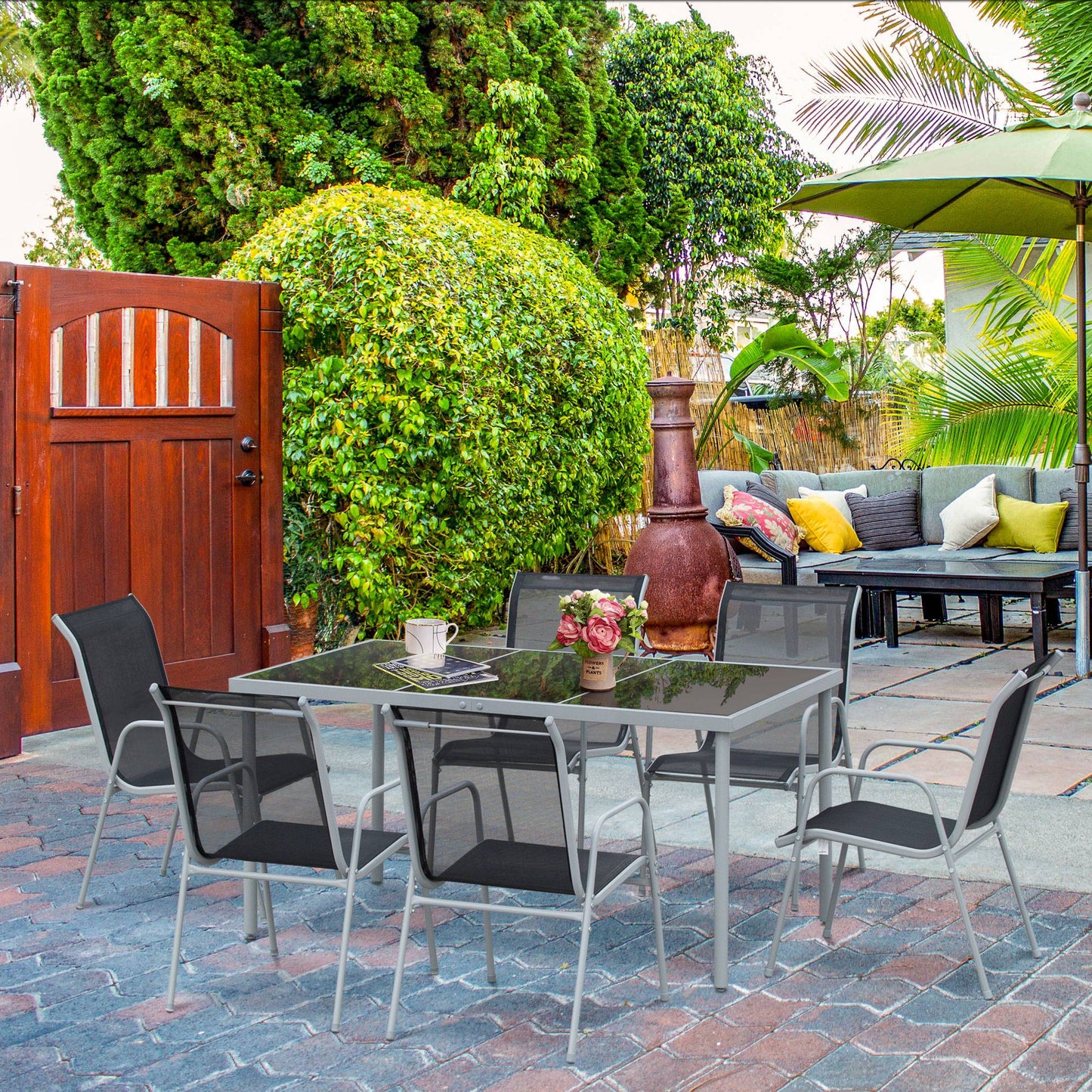 Outsunny Conjunto Mueble De Jardín De 7 Piezas 150x90x72cm Negro_1