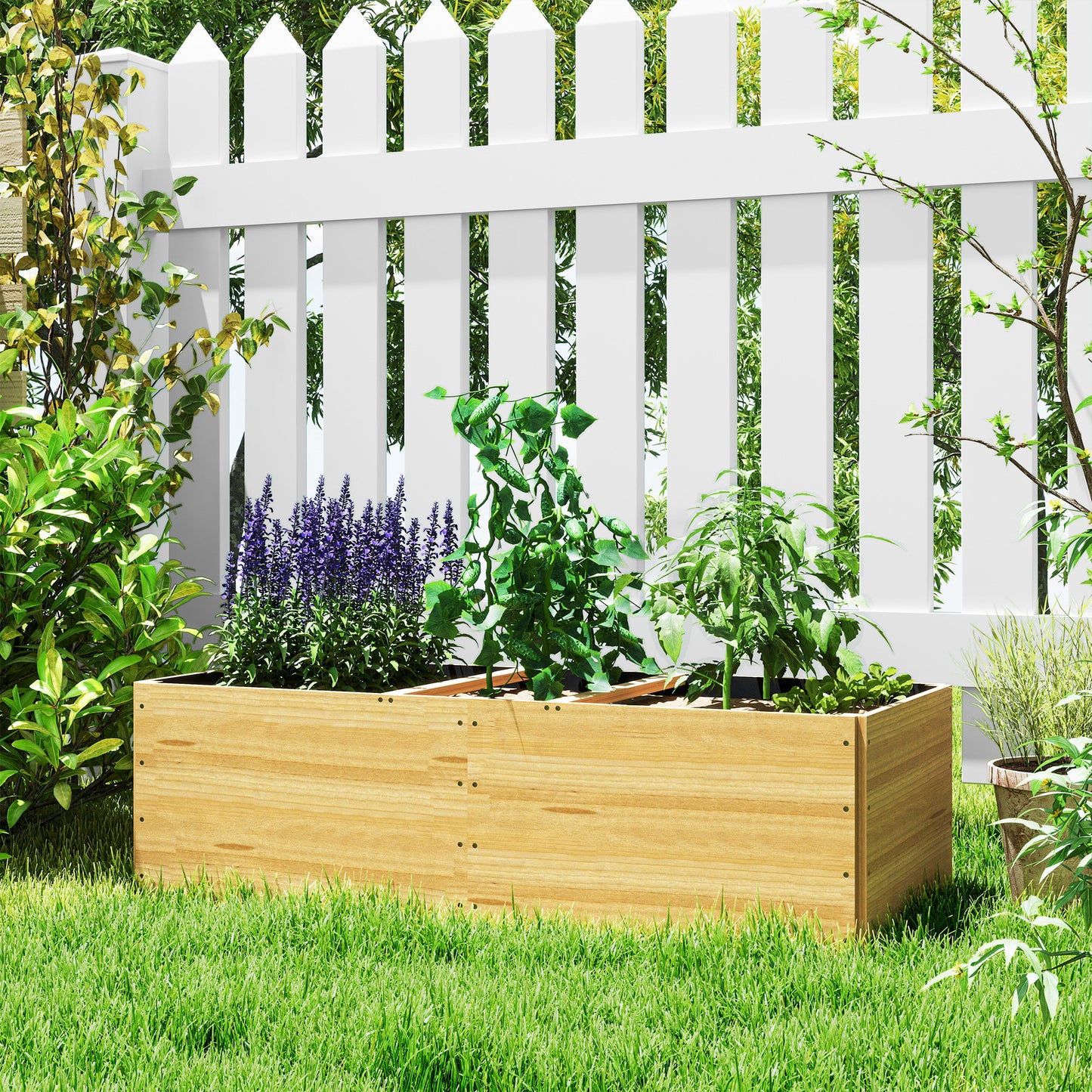 Outsunny Jardinera De Madera Con 3 Zonas De Cultivo 140x60x40 Cm Natural_4
