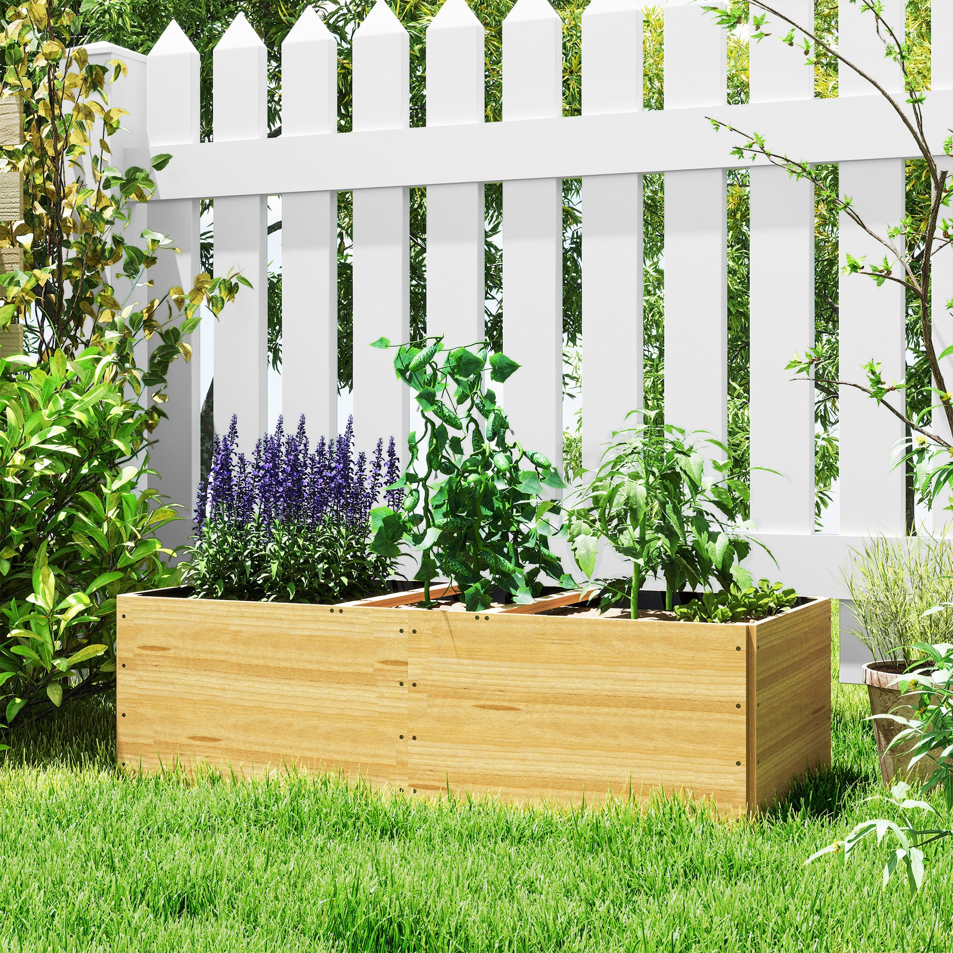 Outsunny Jardinera De Madera Con 3 Zonas De Cultivo 140x60x40 Cm Natural_4