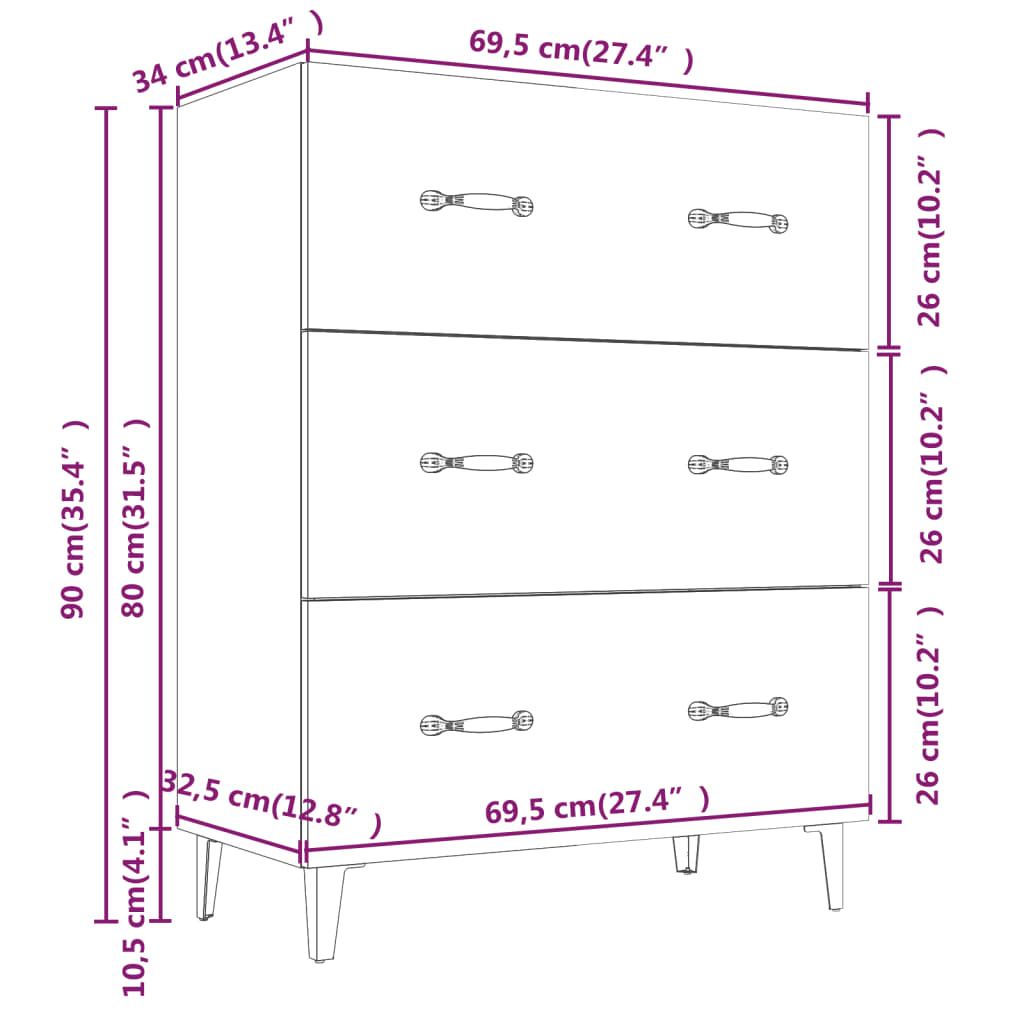 Aparador De Madera De Ingeniería Blanco 69,5x34x90 Cm / Vetonek_2