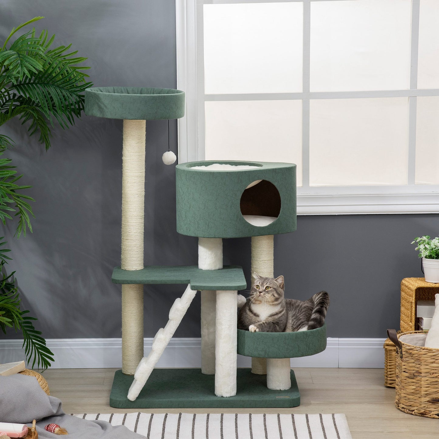 Pawhut Árbol Rascador Para Gatos Altura 114cm Con 2 Camas Cueva Plataforma Bolas_1