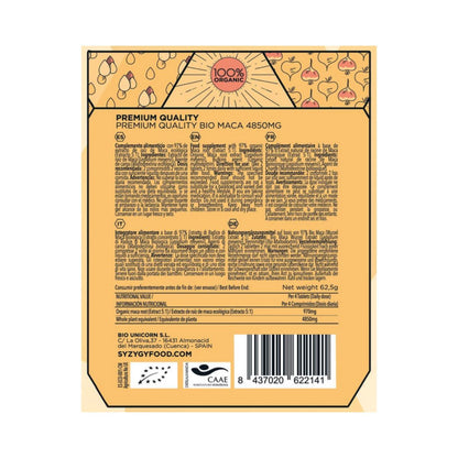 Extrato puro de Maca Andina Biológica, 250 comprimidos. SYZYGY FOOD