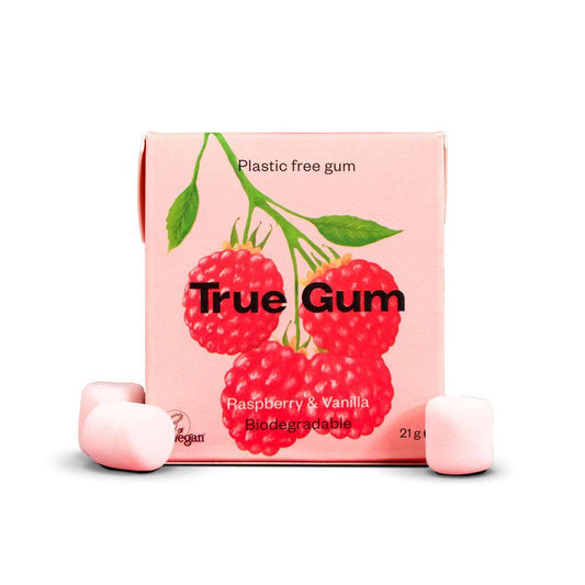 Pastilha elástica True Gum sem plástico, framboesa e baunilha, 21g