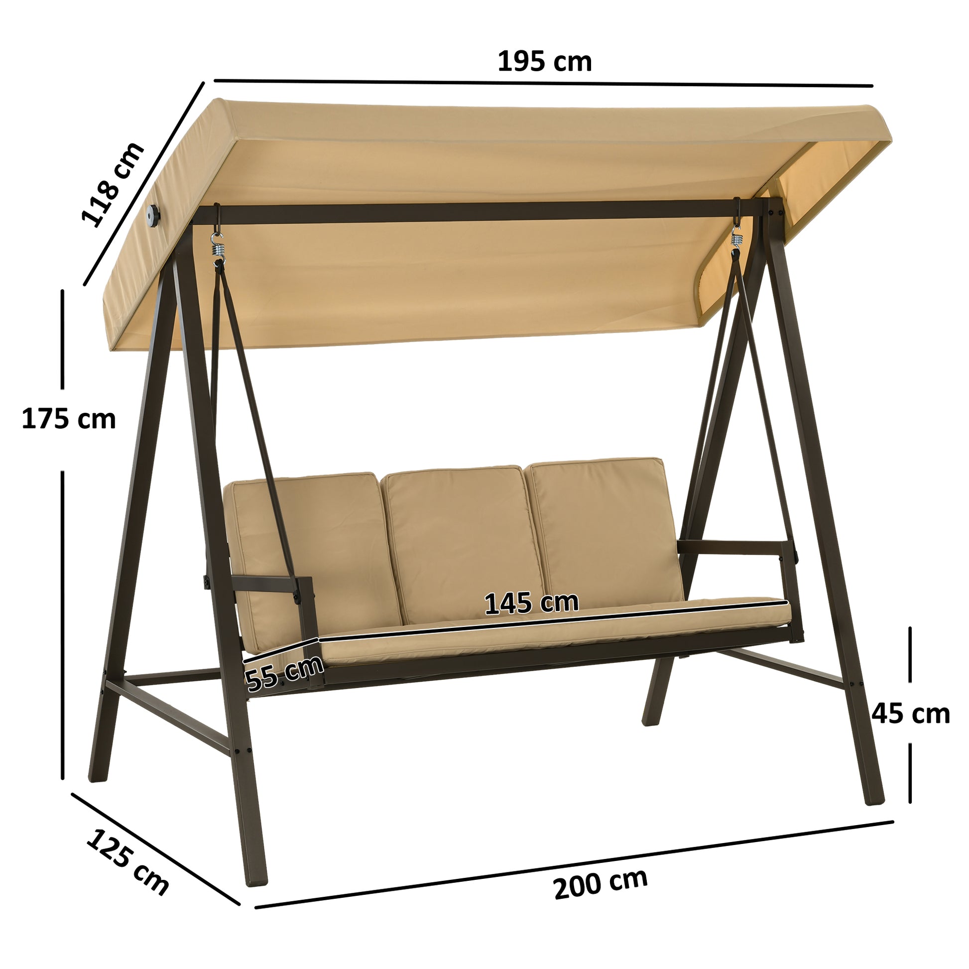 Outsunny Columpio De Jardín De 3 Plazas Con Toldo Ajustable 200x125x175 Cm Beige_2