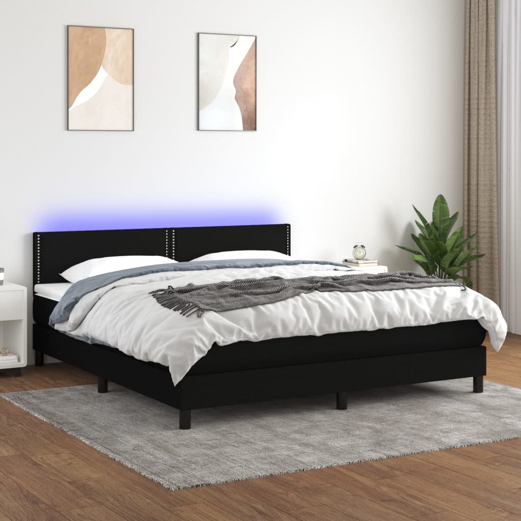 Cama Box Spring Colchón Y Luces Led Tela Negro 180x200 Cm / Vetonek_5