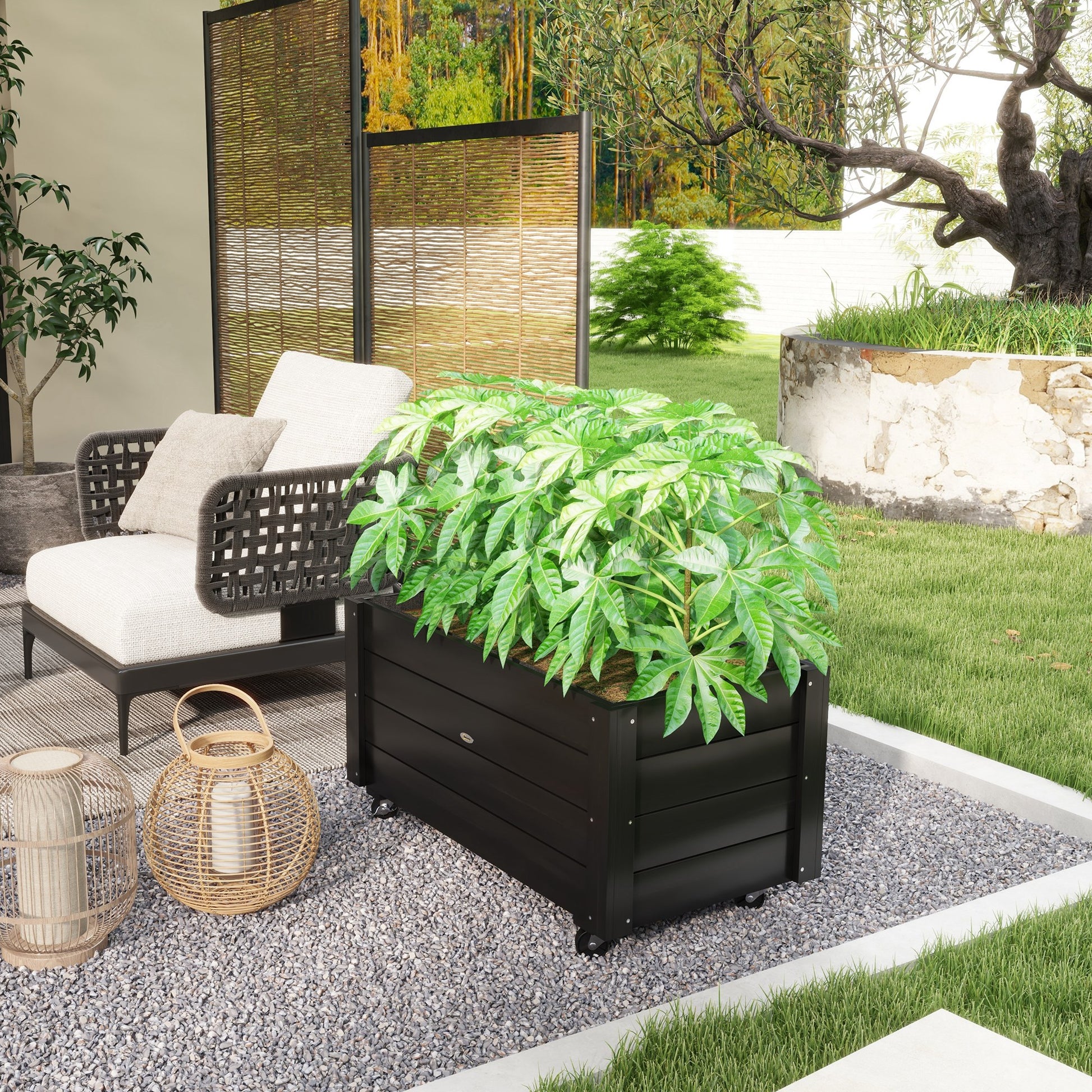 Outsunny Jardinera De Madera Con Ruedas Agujeros De Drenaje 89x48x47 Cm Negro_3