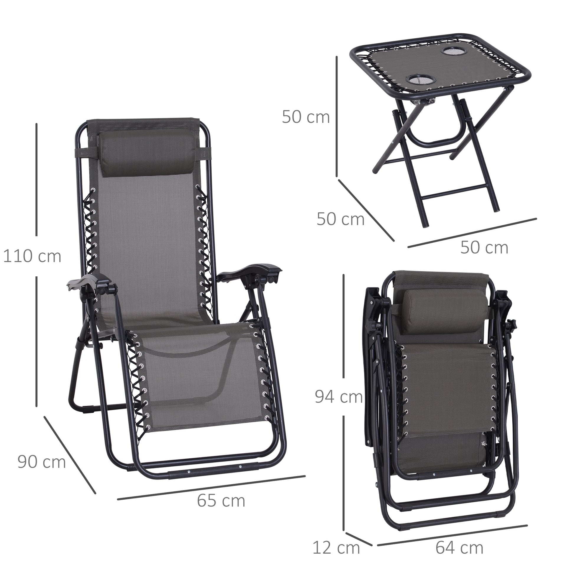 Outsunny 2 Sillas De Gravedad Cero Plegables Mesa Auxiliar Con Portavasos Gris_2