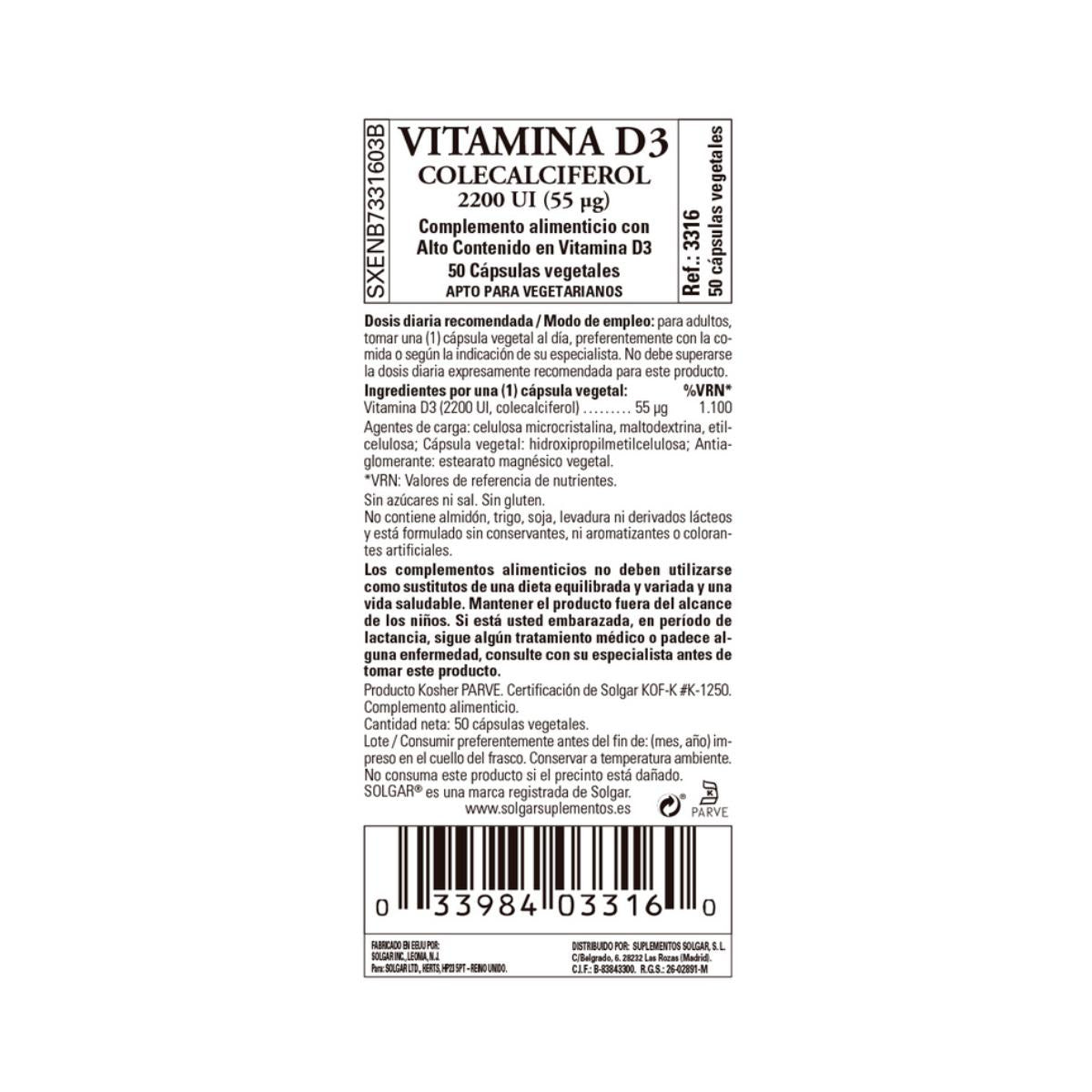 Embalagem 2x Vitamina D3 2200 UI, Solgar, 50 cápsulas vegetais