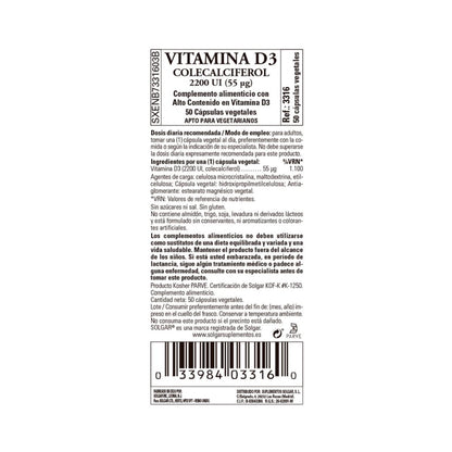 Embalagem 2x Vitamina D3 2200 UI, Solgar, 50 cápsulas vegetais