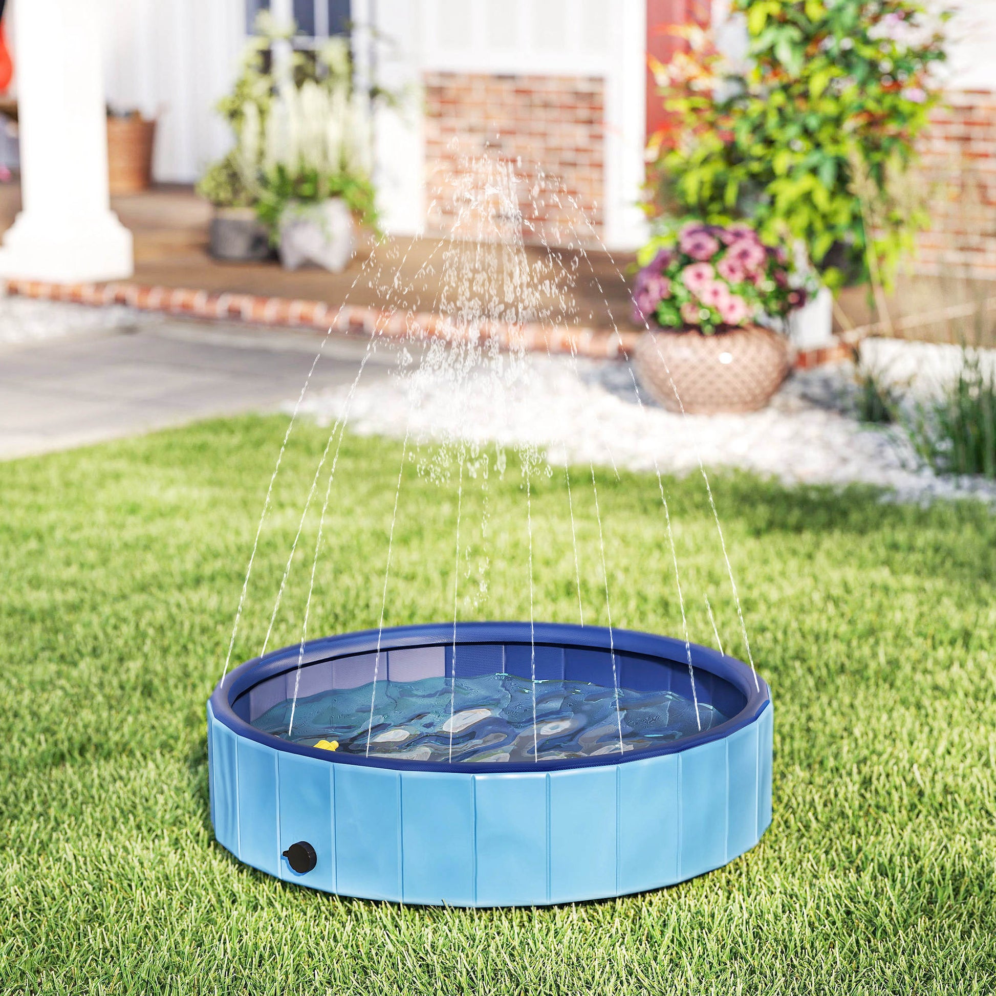 Pawhut Piscina Para Perros Plegable Con Aspersor Antideslizante Resistente Azul_1