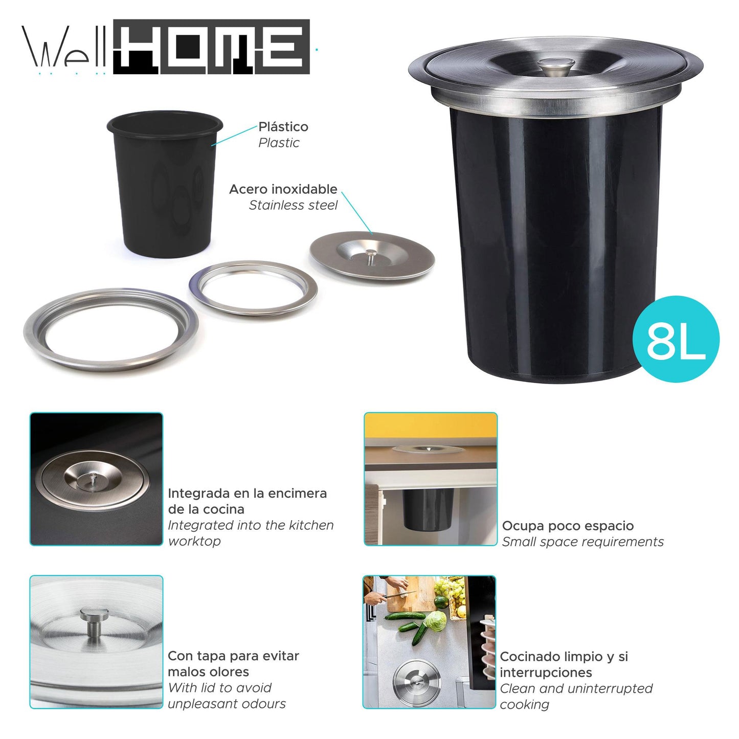Cubo Integrable En Encimera 8l Tapa Acero Inox Negro_1