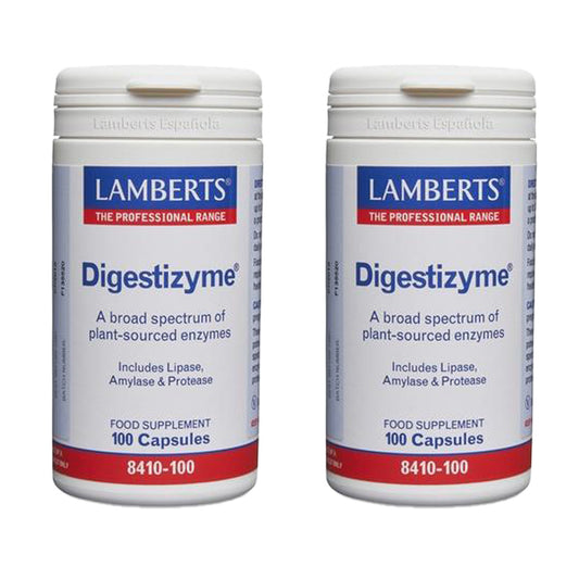 Embalagem de 2 enzimas digestivas Digestizyme, Lamberts, 100 cápsulas