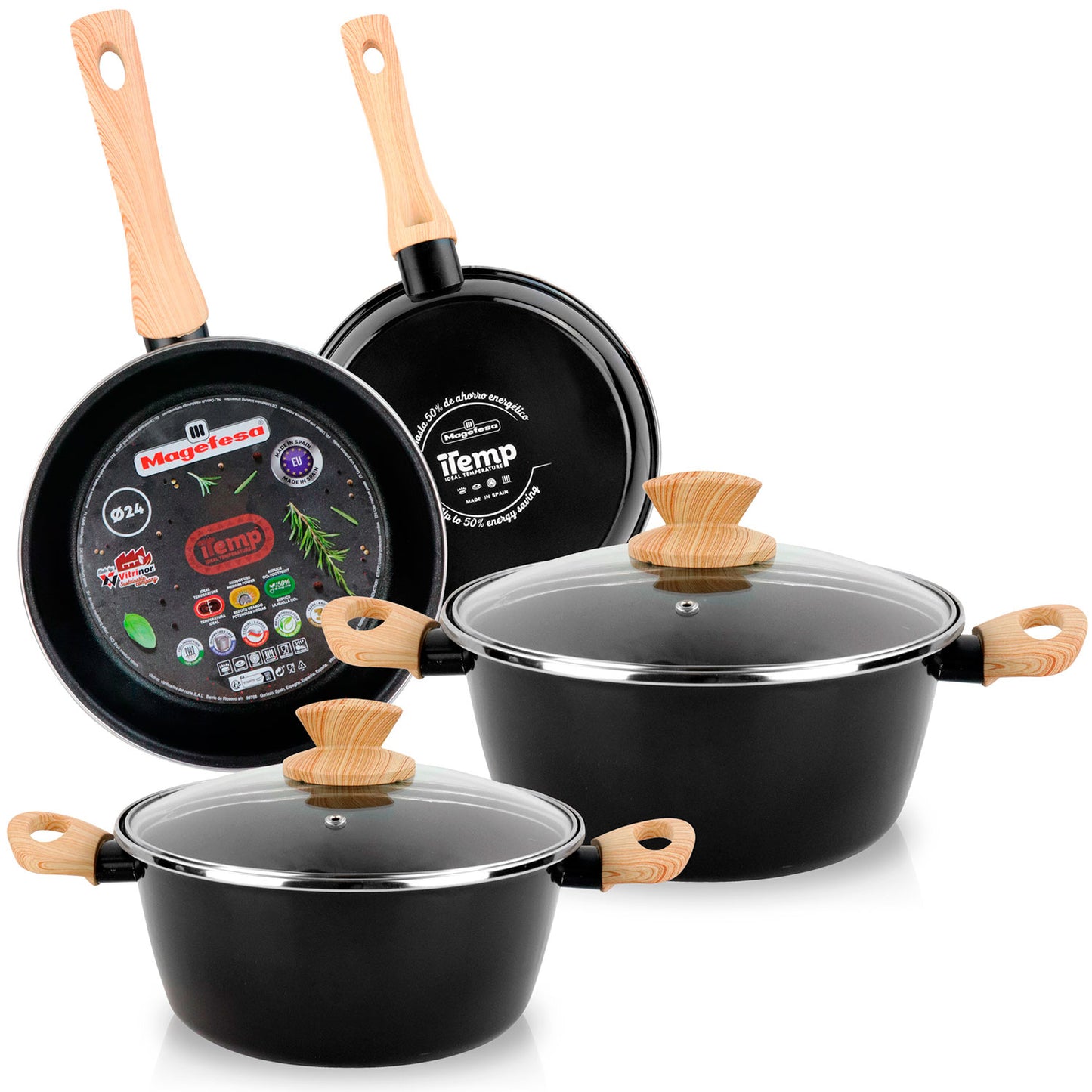 Batería Cocina Inducción 6 Piezas, Antiadherente Libre Pfoa, Exterior Negro Asas Efecto Madera Magefesa Orbe, Negro_0
