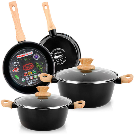 Batería Cocina Inducción 6 Piezas, Antiadherente Libre Pfoa, Exterior Negro Asas Efecto Madera Magefesa Orbe, Negro_0