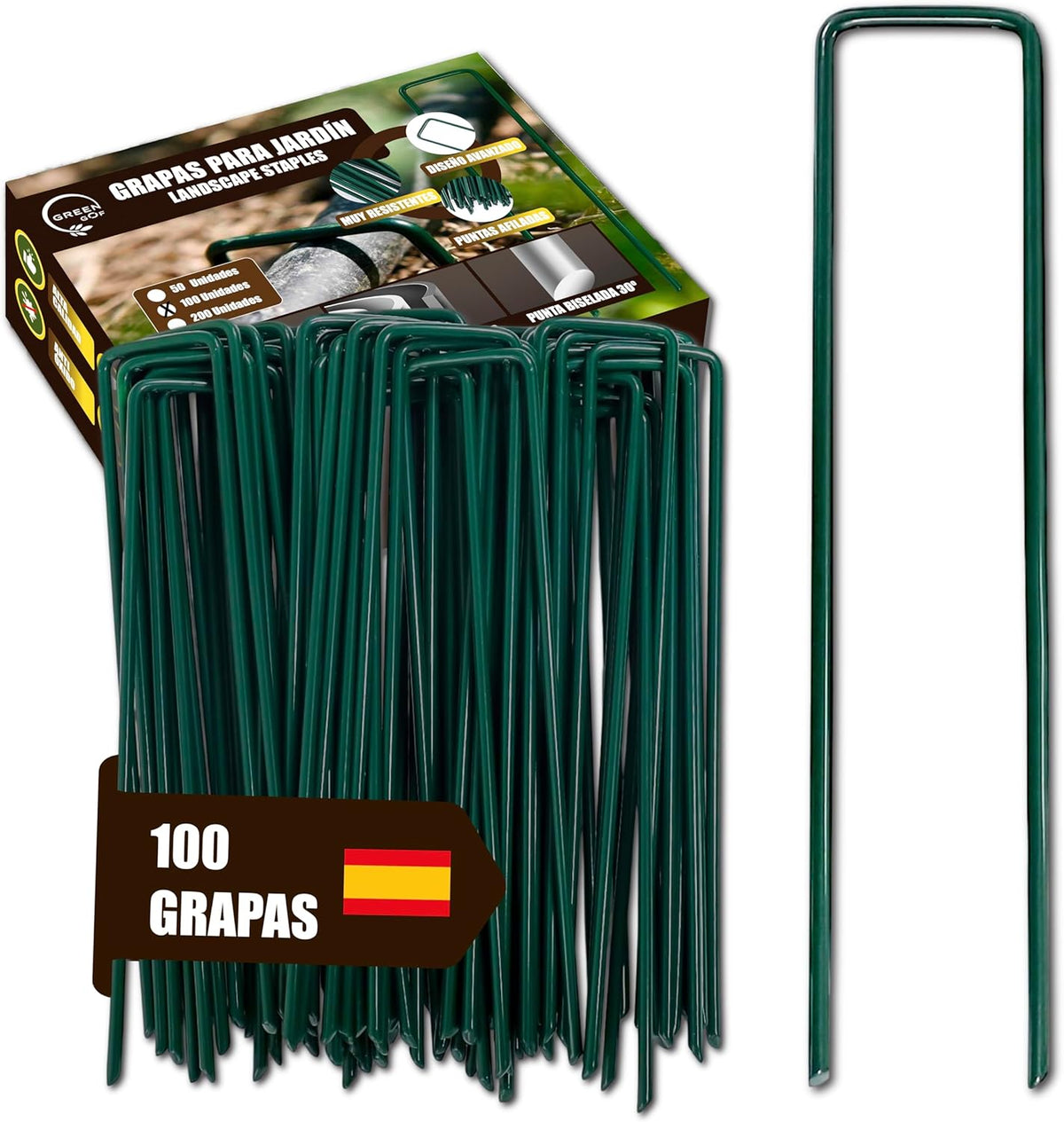 GREEN GOF 100 Grapas Verdes Para Cesped Artificial, Malla Antihierba Y Jardin. Acero Galvanizado, 15x4cm, Ø3mm._0