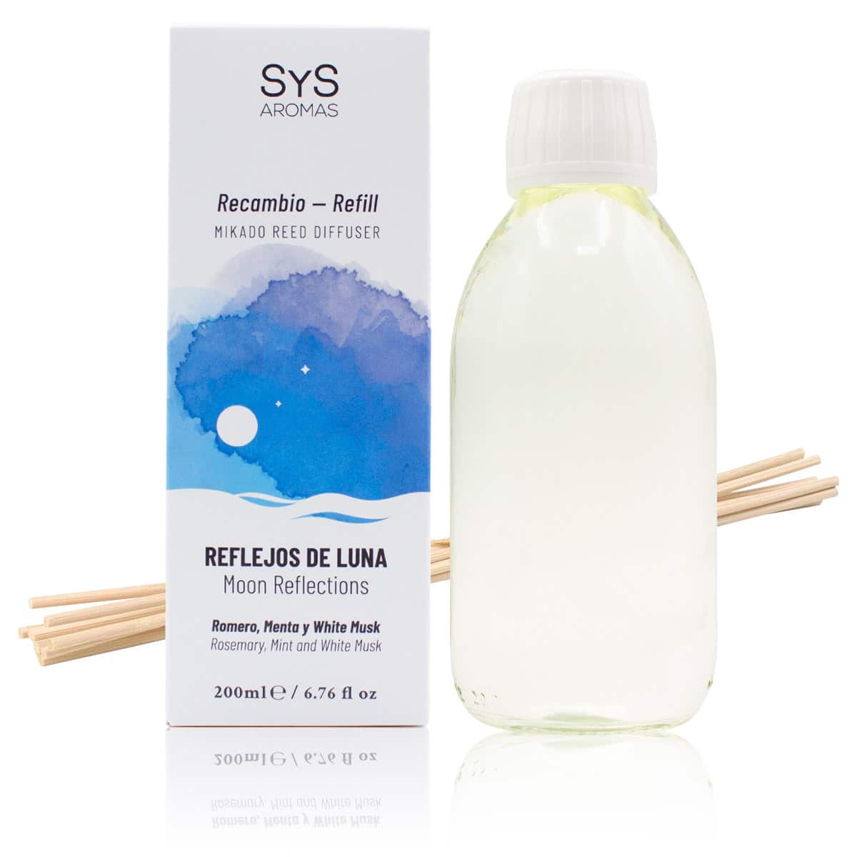 Recambio Mikado Reflejos de Luna 200 ml con Varillas | Aroma Floral y Sofisticado | Refill Difusor | Larga Duració_0