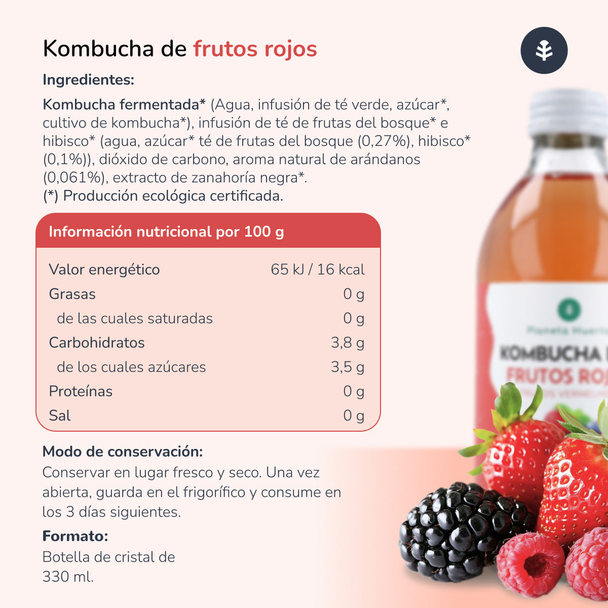 Pack 12x Kombucha ECO Frutos rojos Planeta Huerto 330 ml