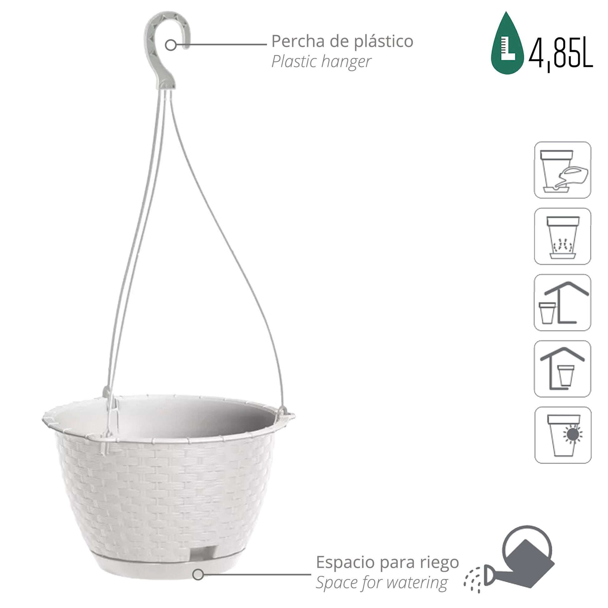 Macetero Colgante Ratolla Round W 4,85l., Dimensiones (mm) 243x243x160, Color Blanco_2