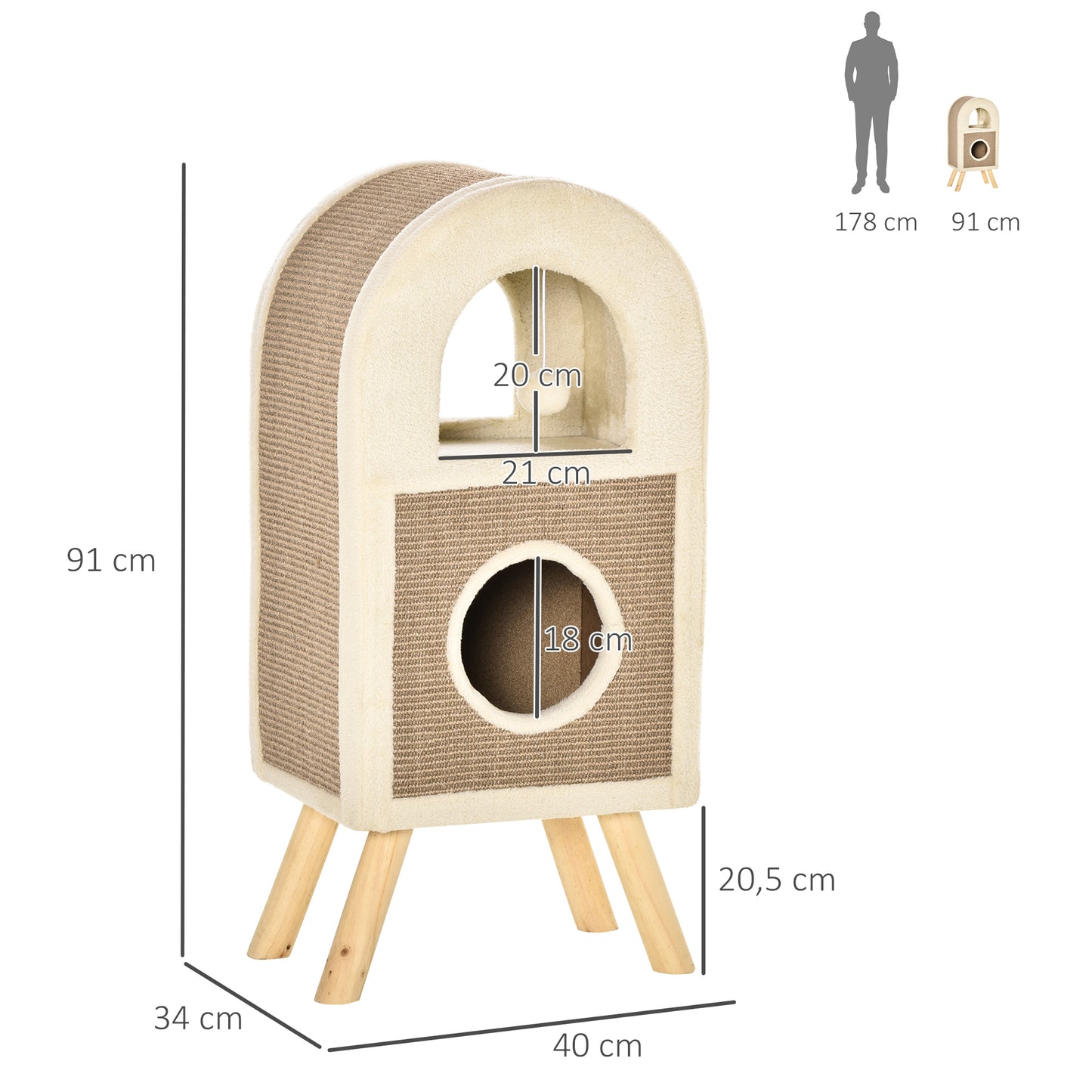 Pawhut Árbol Rascador Para Gatos De 2 Niveles Con Cueva Bola Juguete 40x34x91 Cm_2
