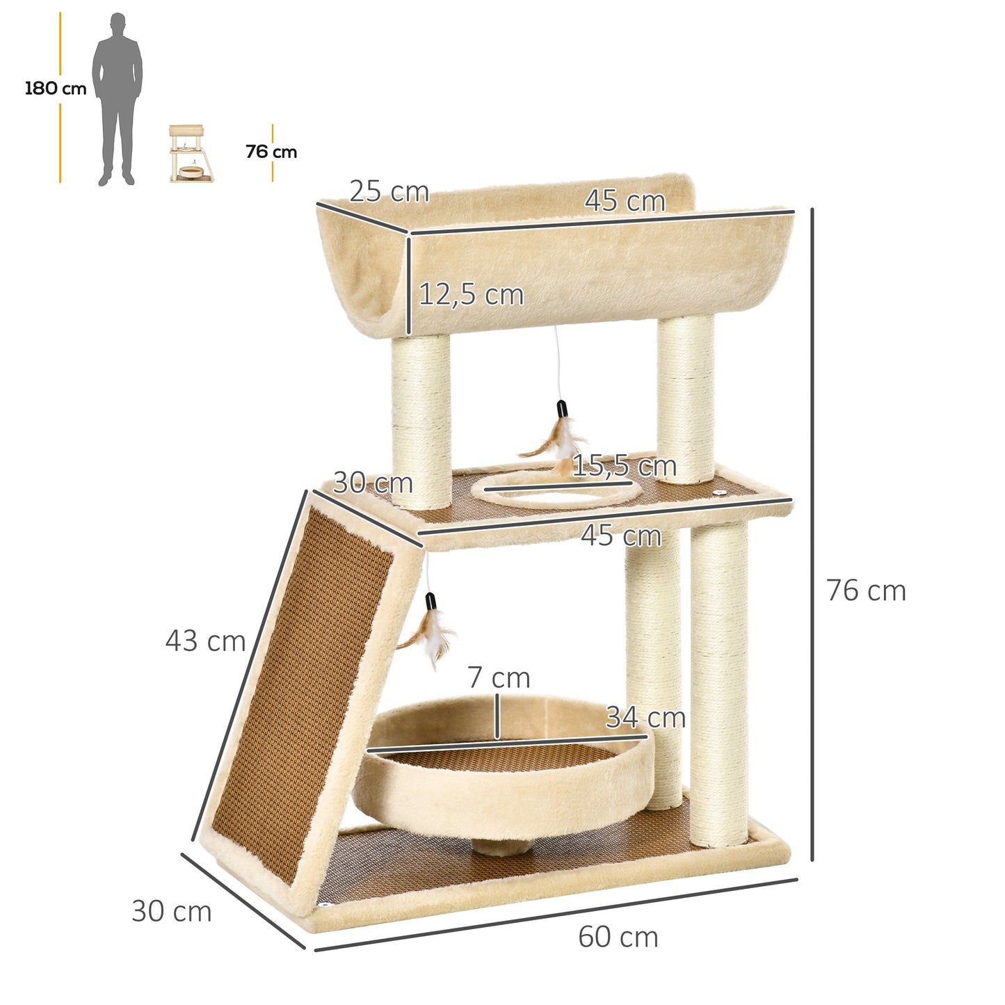 Pawhut Árbol Rascador Para Gatos 60x30x76cm Con Cama Postes Rascadores De Sisal_2