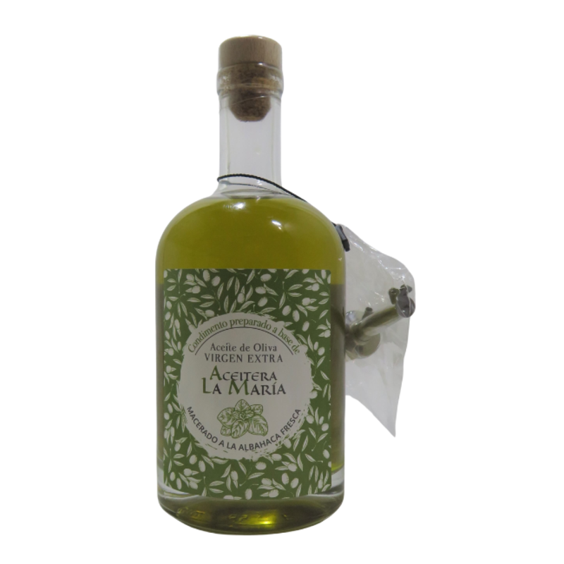Aceite De Oliva Virgen Extra Macerado A La Albahaca 50 Cl Con Vertedor Metálico_0