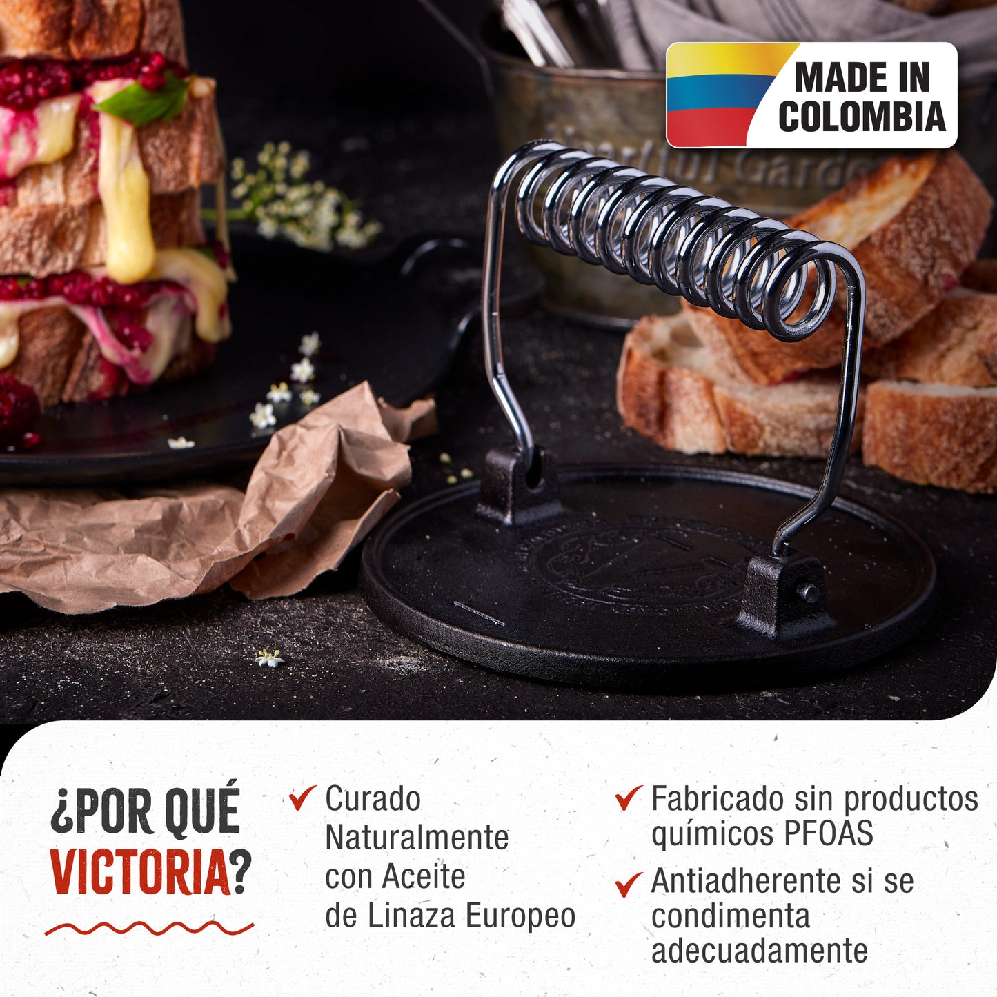 Victoria Prensa Hamburguesas Smash Burger Hierro Fundido Curado 16,5cm Aplastador Carne Para Barbacoa, 34641, Negro_1