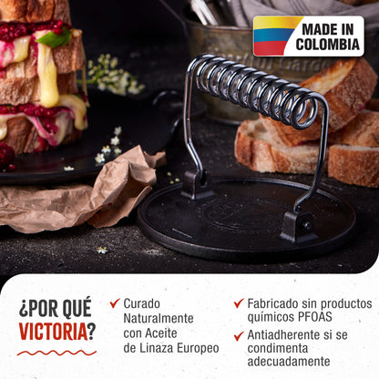 Victoria Prensa Hamburguesas Smash Burger Hierro Fundido Curado 16,5cm Aplastador Carne Para Barbacoa, 34641, Negro_1