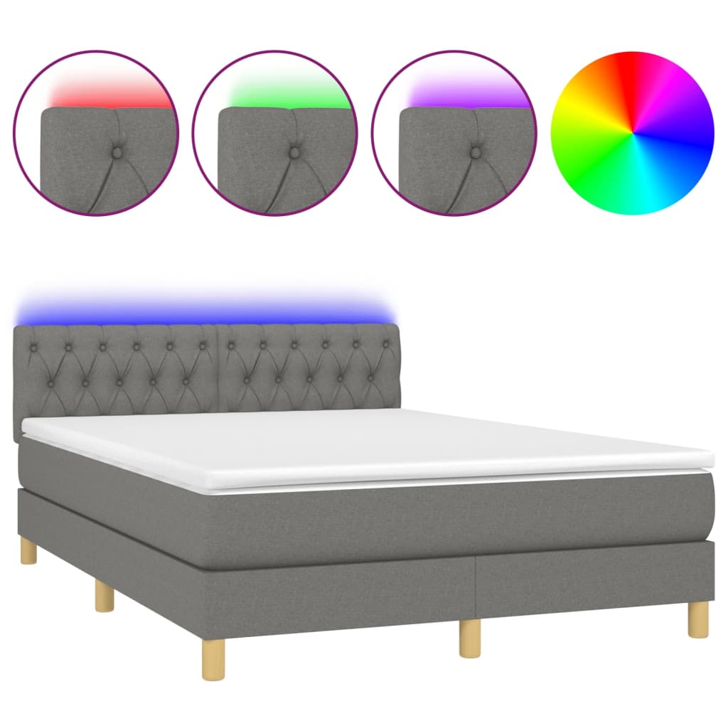 Cama Box Spring Colchón Y Luces Led Tela Gris Oscuro 140x190 Cm / Vetonek_0