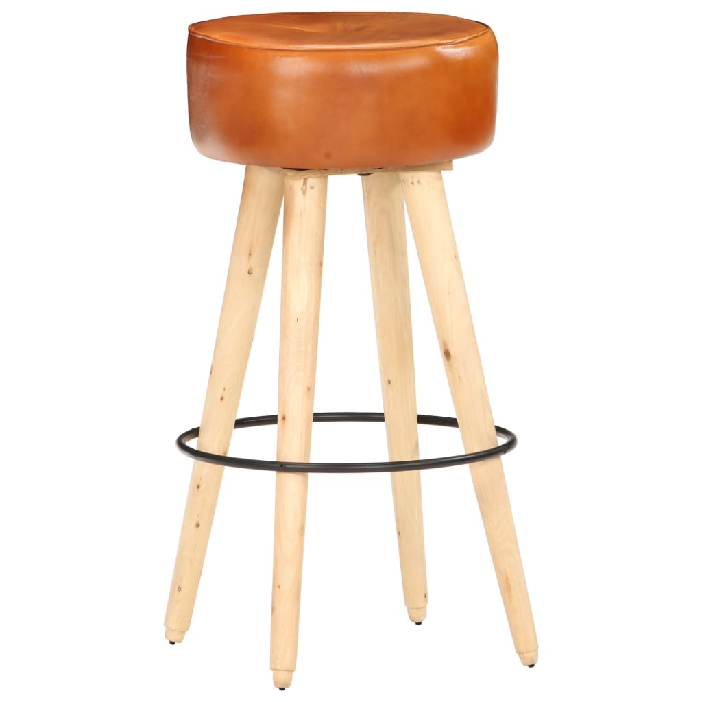 Taburetes De Cocina 2 Uds Madera Mango Rugosa Cuero Real Marrón_0