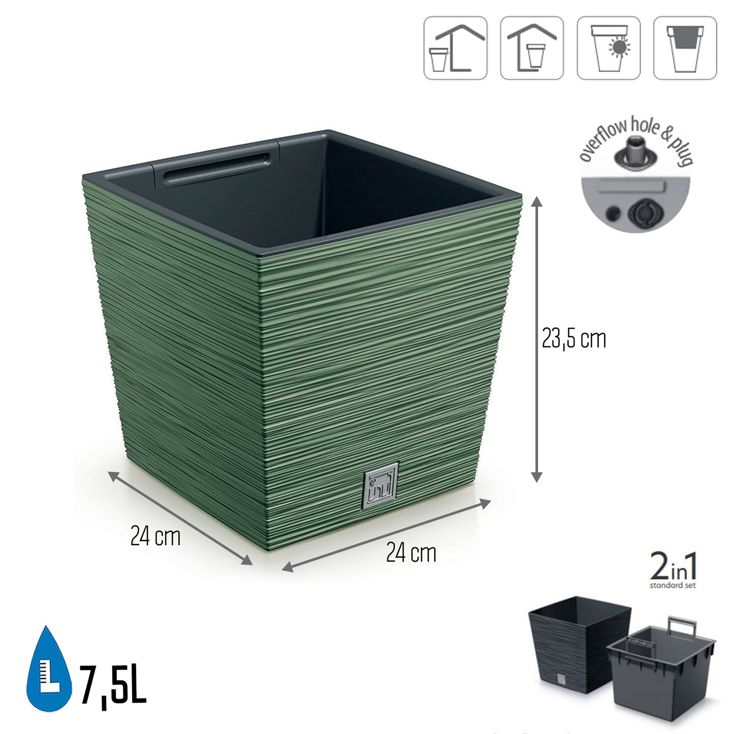 Macetero Color Verde Tierra, Con Depósito, Colección Furu, De 24 X 24 X 23,5 Cm, Capacidad De 7,5 L.