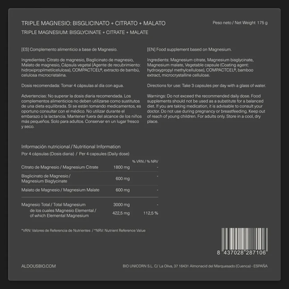 Magnesio Complex Triple 3000mg de Magnesio, Magnesio Bisglicinato, Citrato y Malato Aldous Bio 200 Cápsulas