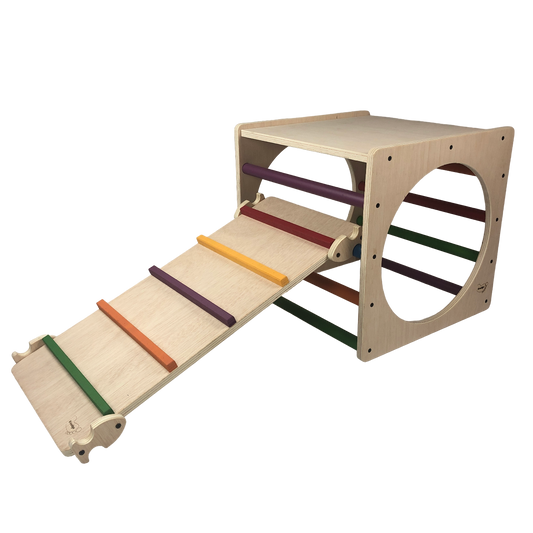 Cubo De Escalada/aprendizaje Pikler De Madera + Rampa Listones De Colores. Med: 50 X 50 X 50 Cm. Cunkrl0008. Woodgo.