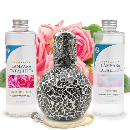 Pack Ahorro Lámpara Catalítica Mosaico Negro + Fragancia Bed Of Roses 500ml + Limpiador Neutro 200ml + Mecha De Repuesto_0